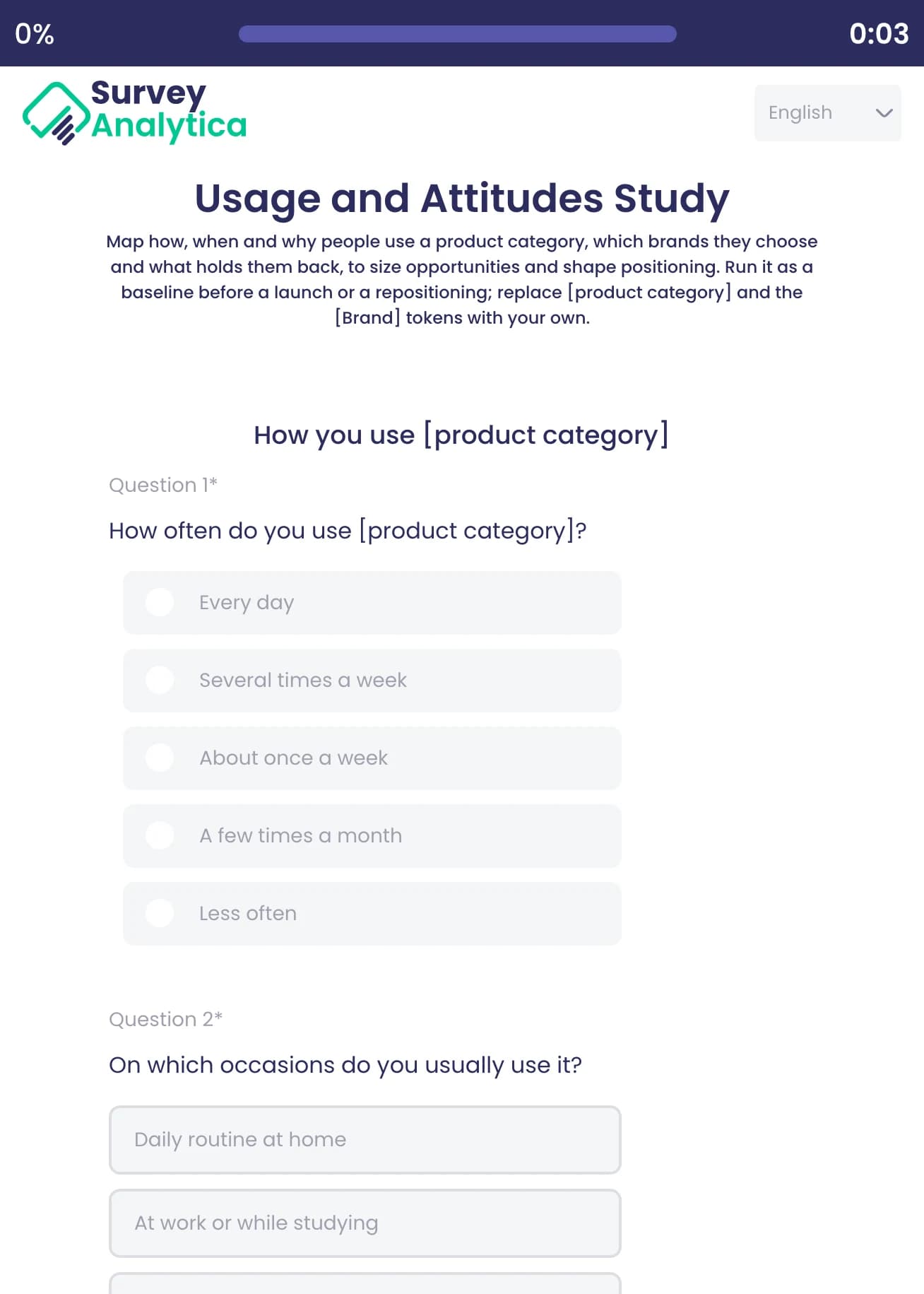 Usage and Attitudes Study template preview: How often the respondent uses the product category, then on which occasions.