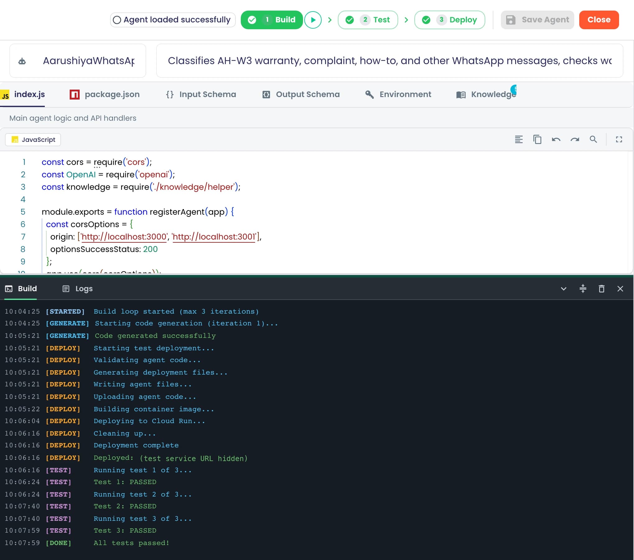 The agent builder for AarushiyaWhatsApp with a green Build, Test and Deploy stepper above a Build console log that runs code generation, test deployment to Cloud Run, three passing tests and 'All tests passed!'.
