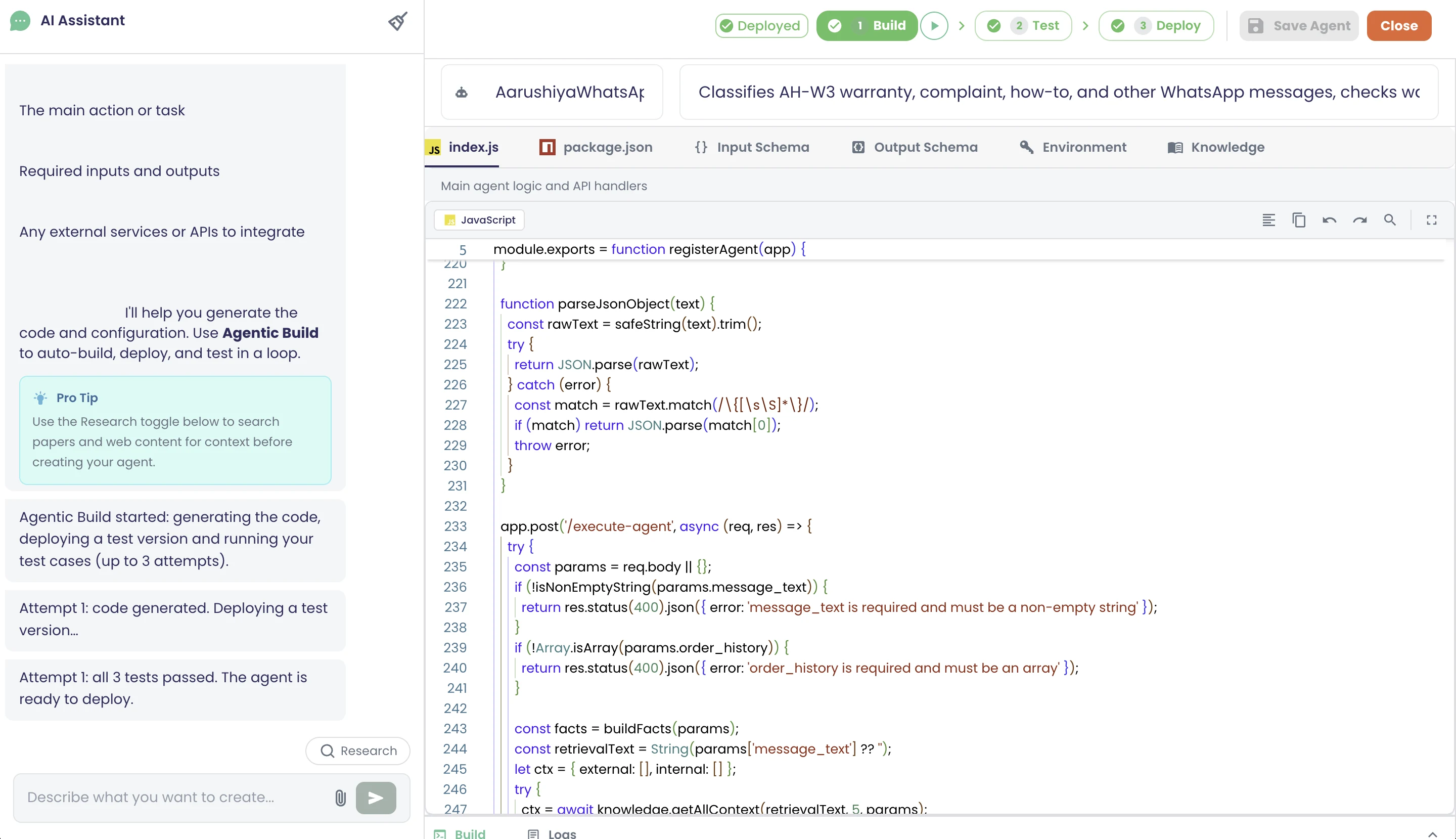 Builder with the chat panel and the index.js editor