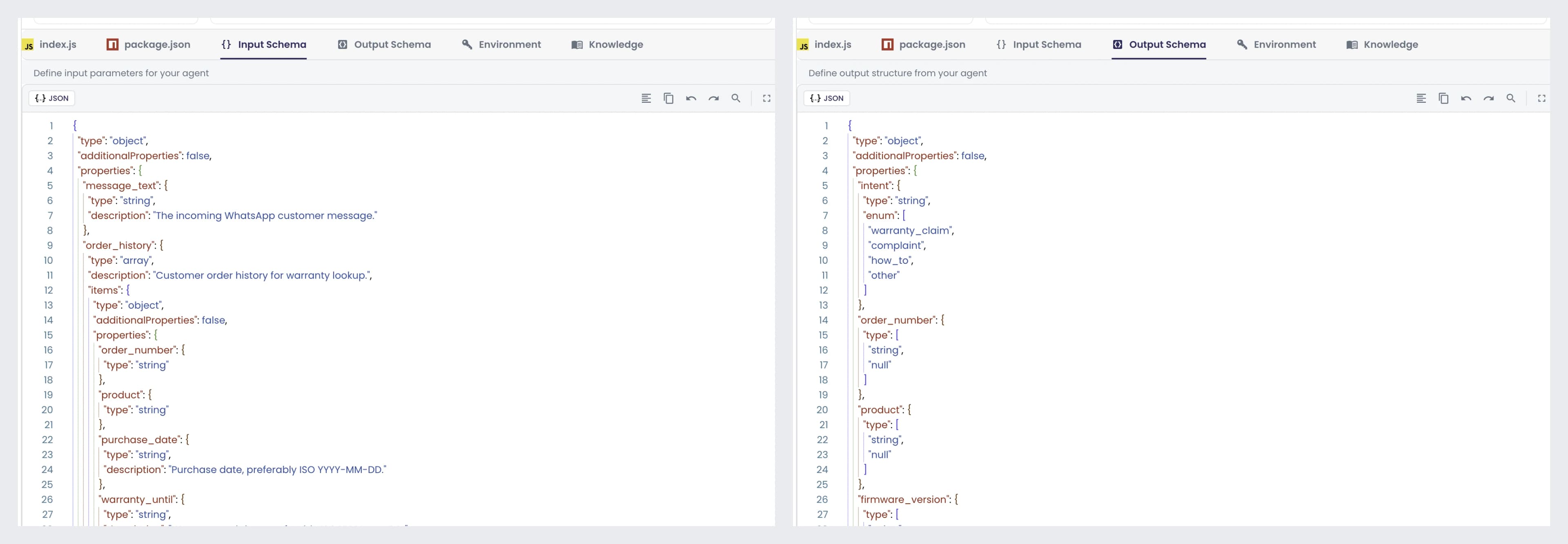 Input schema and Output schema tabs side by side
