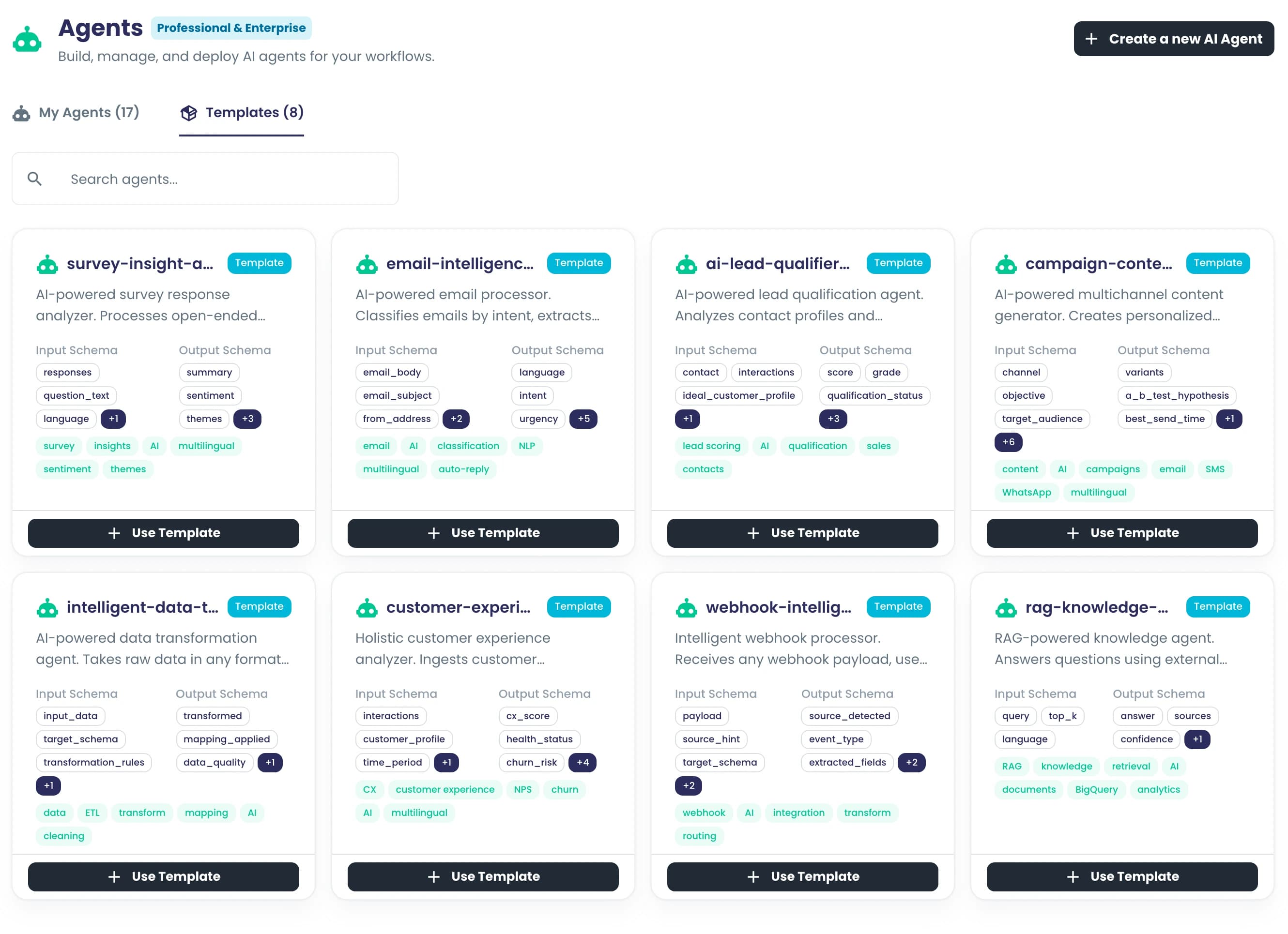 Agents > Templates: the 8 starter agents (survey insight, email intelligence, lead qualifier, campaign content, data transformation, customer experience, webhook intelligence, RAG knowledge), each with its input and output schema and a Use Template button