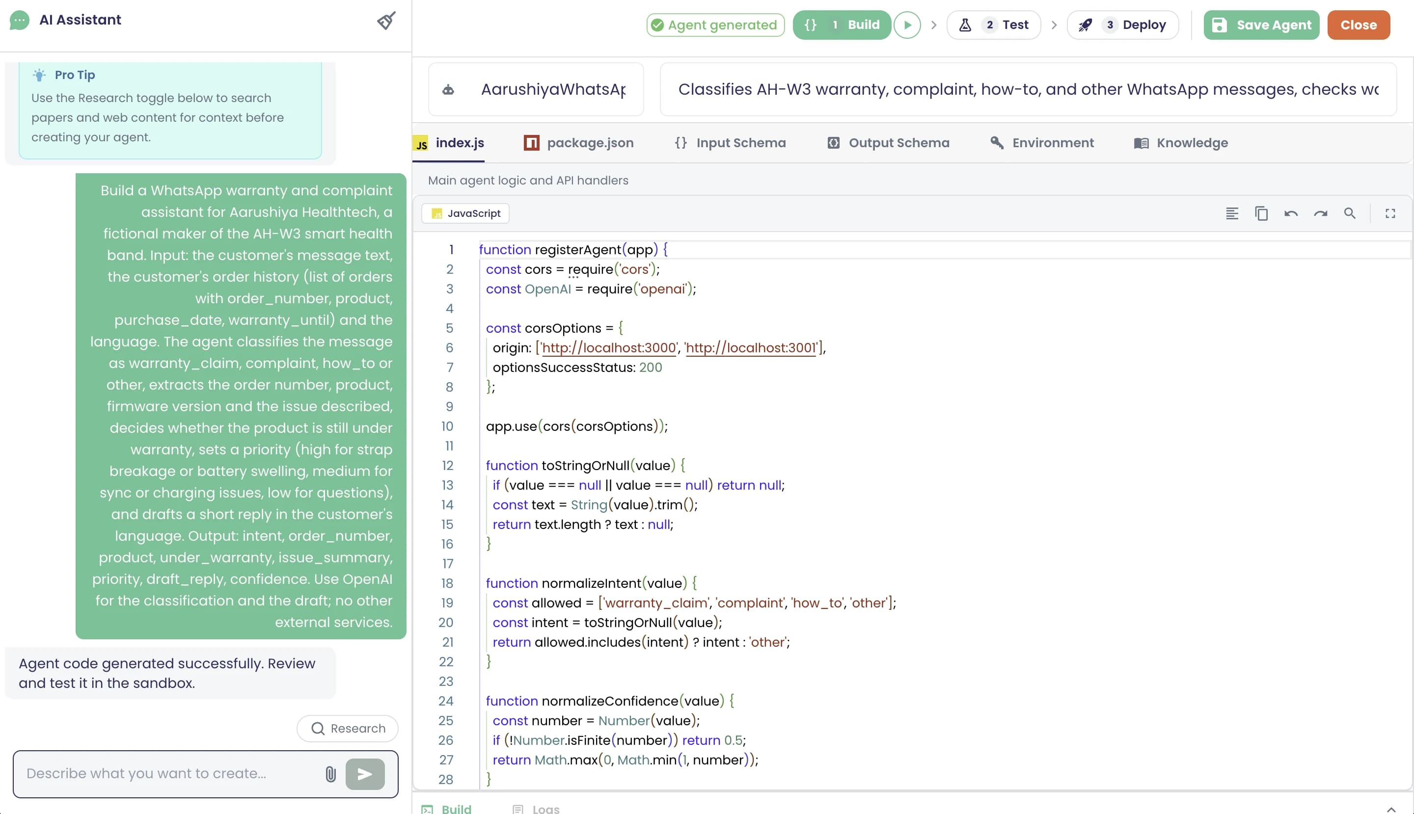 The agent builder: chat panel left, Monaco editor on index.js, tabs for package.json, Input schema, Output schema, Environment, Knowledge; Build-Test-Deploy stepper on top