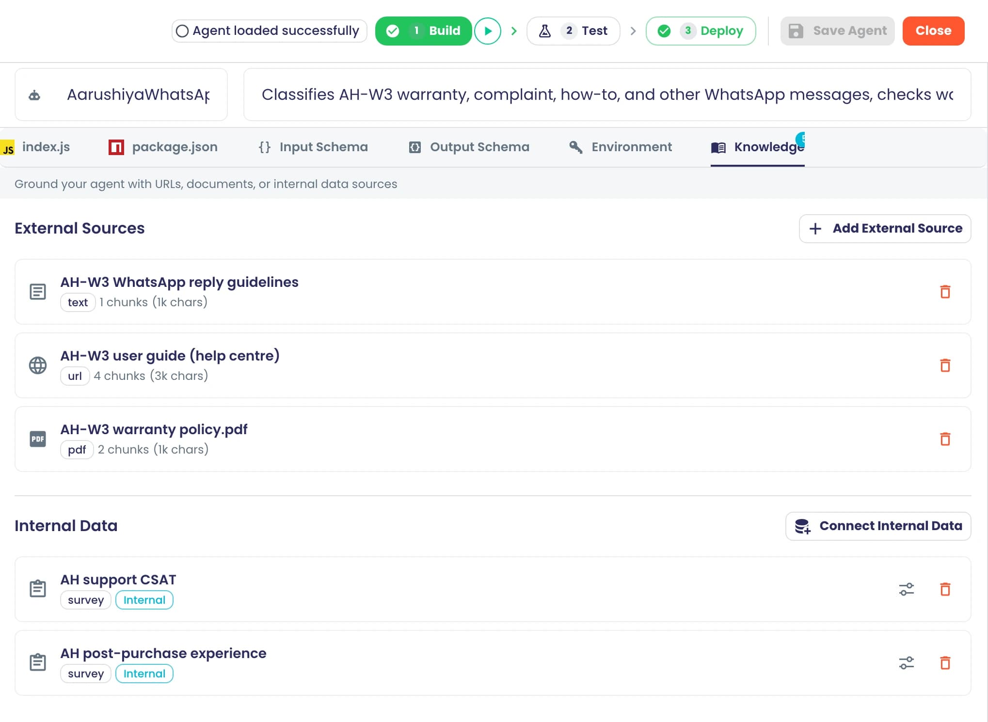 The agent builder's Knowledge tab with external sources (WhatsApp reply guidelines text, an AH-W3 user guide URL and an AH-W3 warranty policy PDF, each with a chunk count) and two internal survey sources tagged Internal.