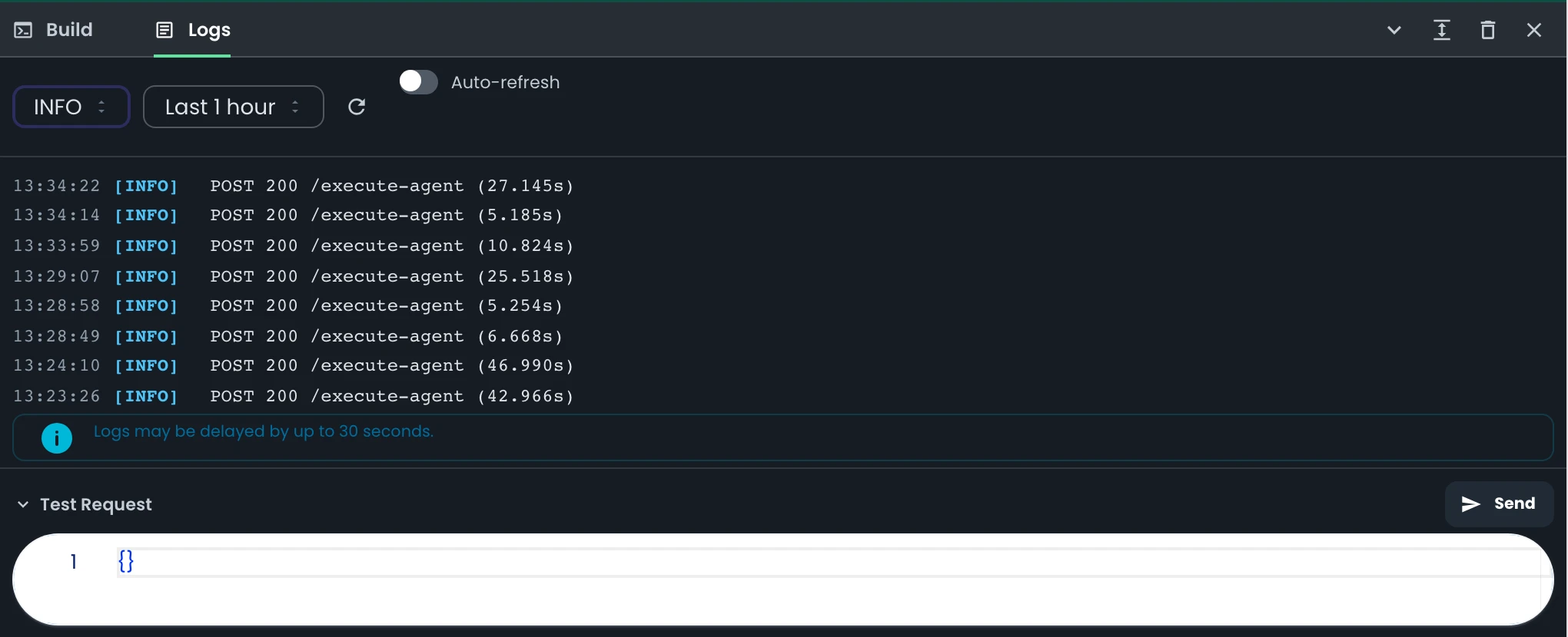 The agent's logs console, filtered by level and time range, listing each execute-agent call with status and duration