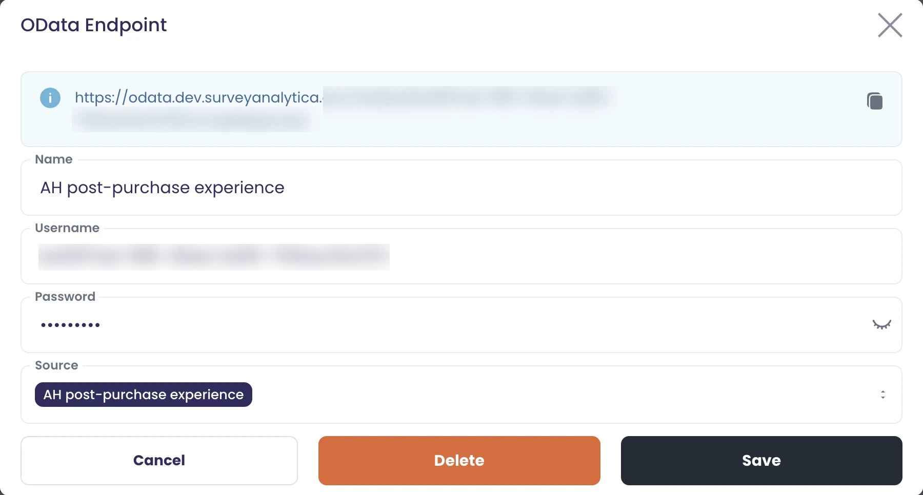 The OData endpoint for the post-purchase survey: a feed URL for Excel and Power BI with its own username and password