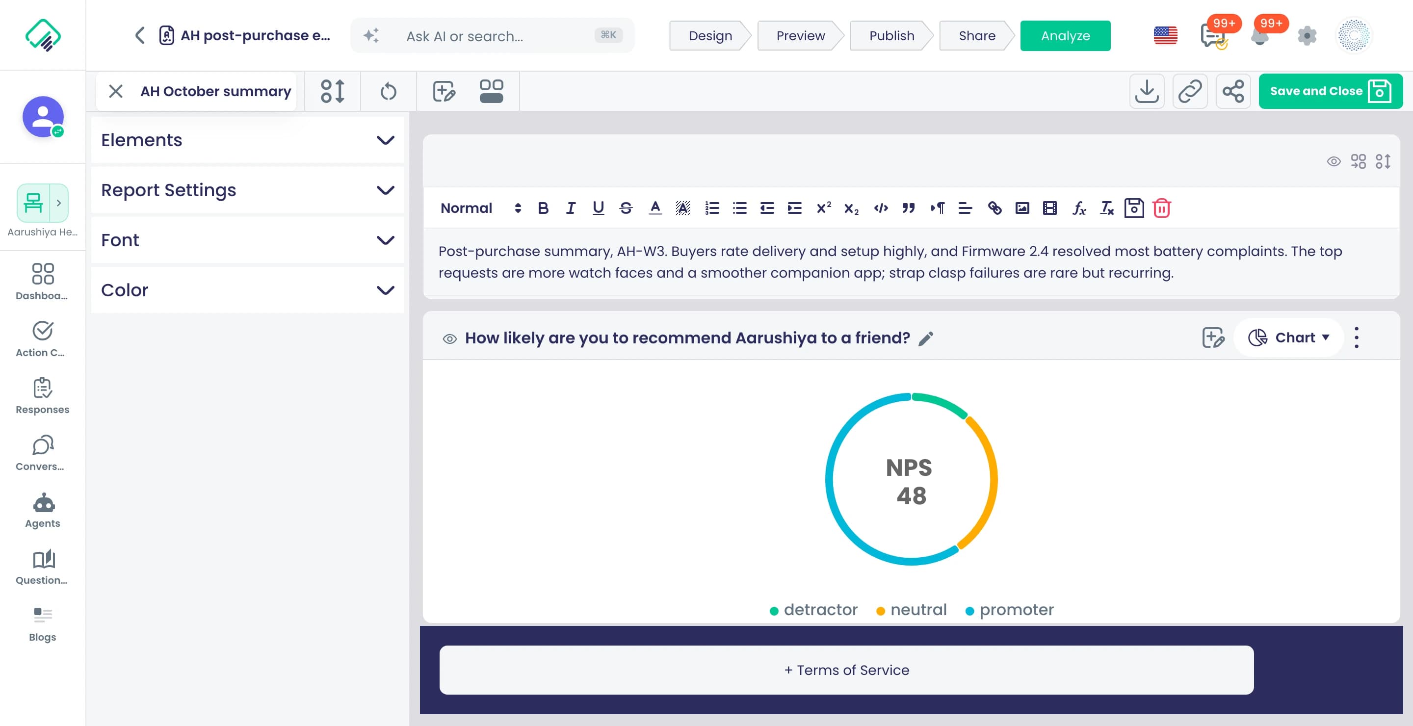 A report builder titled AH October summary: a formatted summary about AH-W3 buyers above an NPS 48 chart card with detractor, neutral and promoter segments.