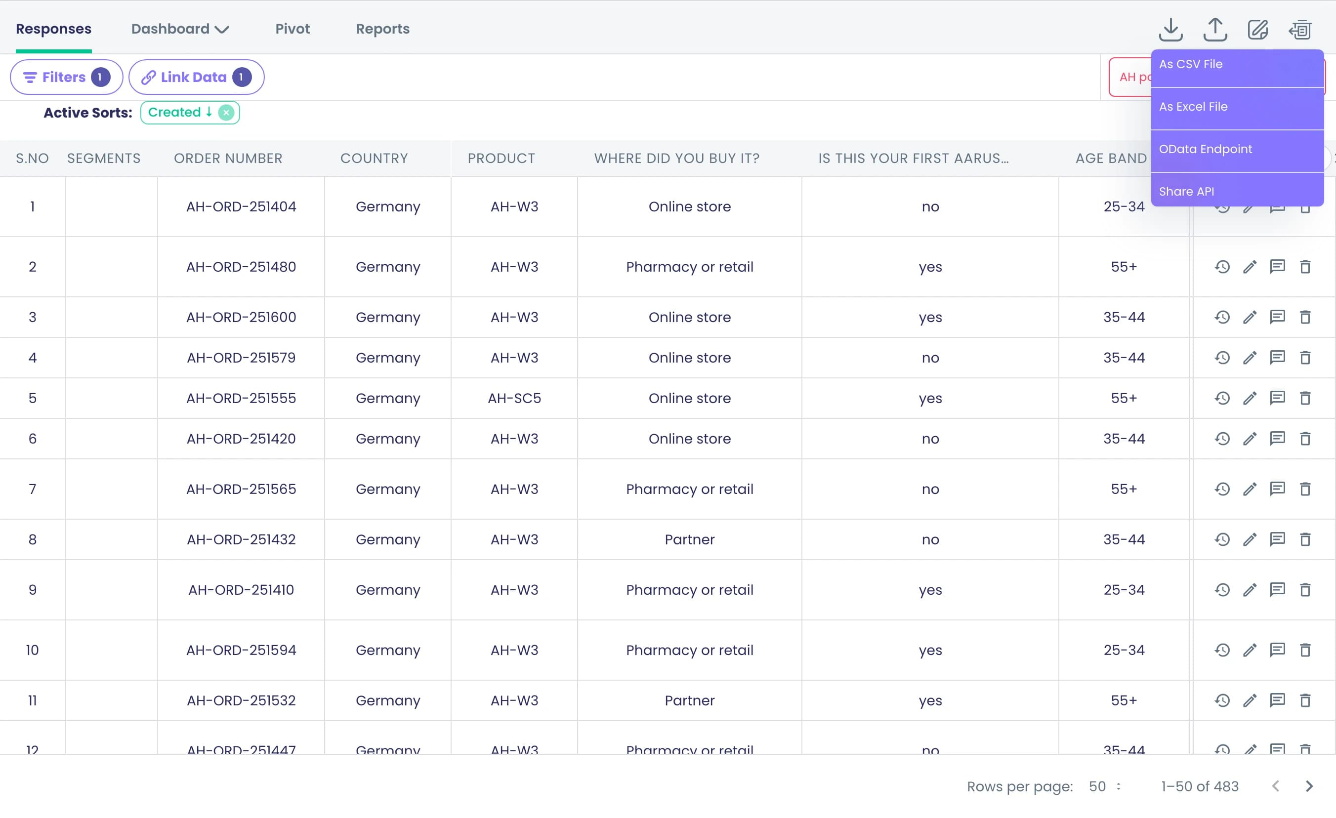 Die Antworttabelle mit geöffnetem Exportmenü: CSV, Excel, OData-Endpunkt und „Share API“.