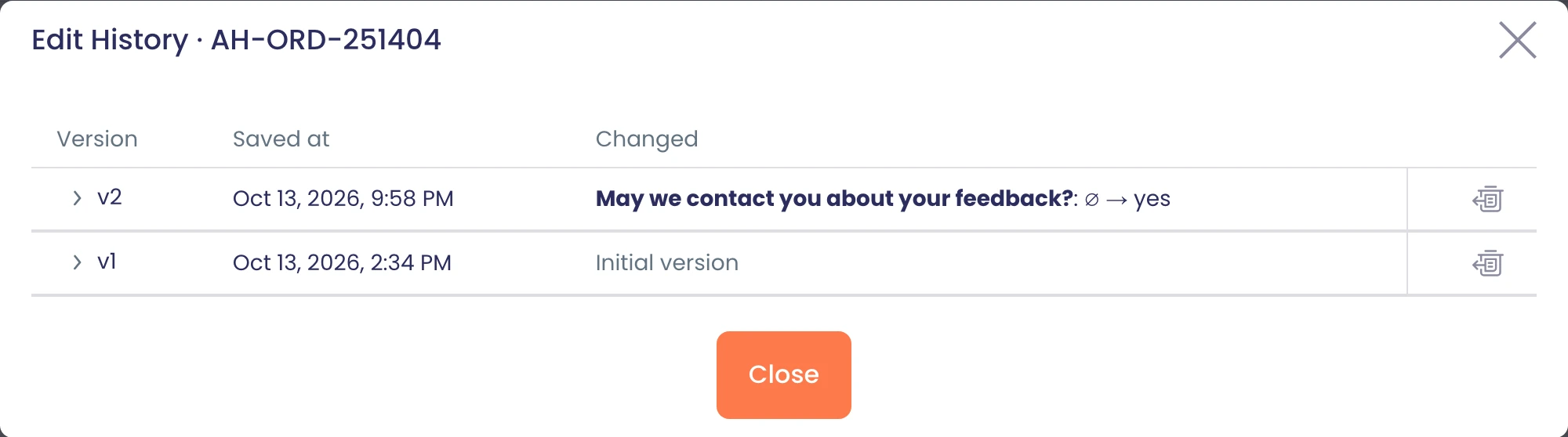 Bearbeitungsverlauf einer Antwort: Version 2 änderte 'May we contact you about your feedback?' von leer auf „yes“, jeweils mit dem Speicherzeitpunkt