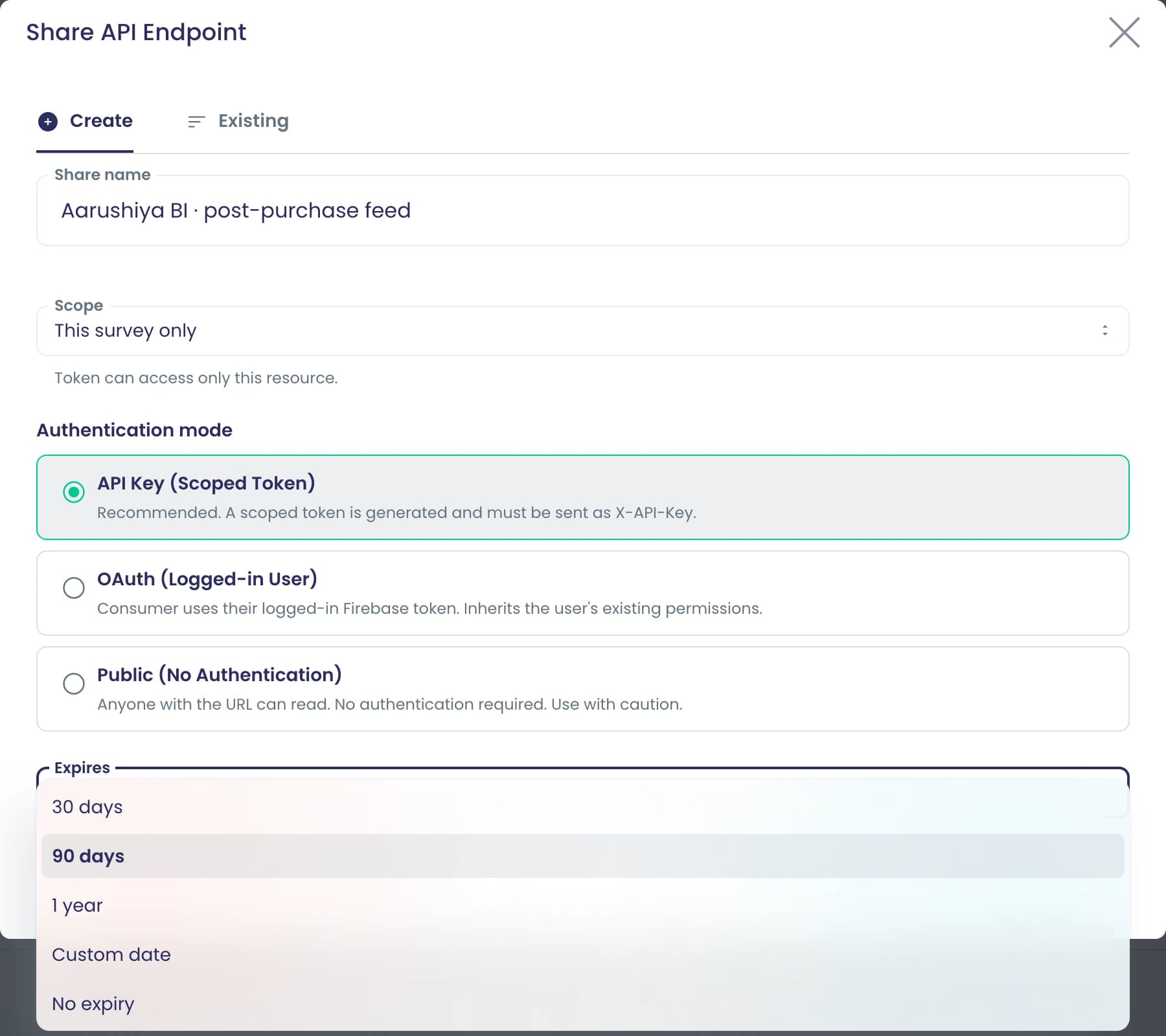 Share-API-Endpunkt für den Nachkauf-Feed: auf diese Umfrage beschränkt, API-Schlüssel, OAuth oder öffentlicher Zugriff und ein Token, das nach 30 Tagen, 90 Tagen, einem Jahr, zu einem eigenen Datum oder nie abläuft