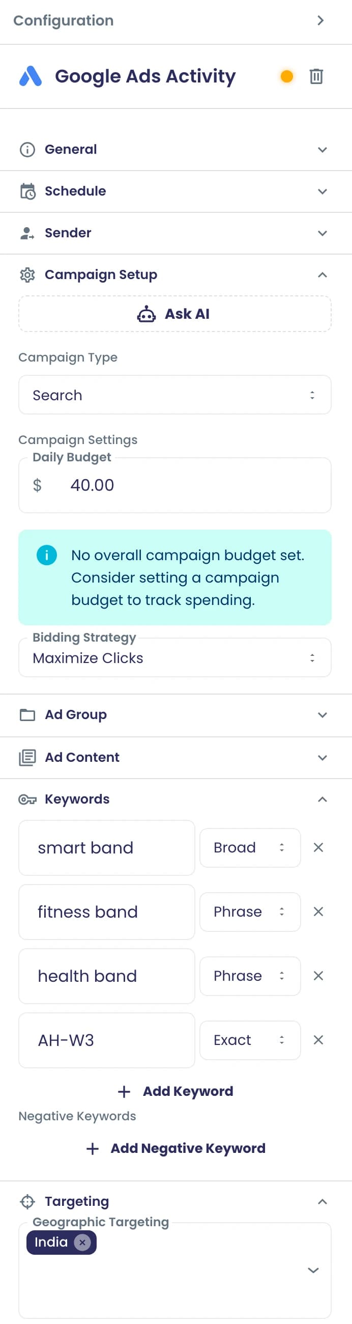 कैंपेन डिज़ाइनर में Google Ads सर्च स्टेप: दैनिक बजट, 'Maximize Clicks' बोली, ब्रॉड, फ़्रेज़ और एग्ज़ैक्ट मैच वाले कीवर्ड, और भारत लक्ष्य