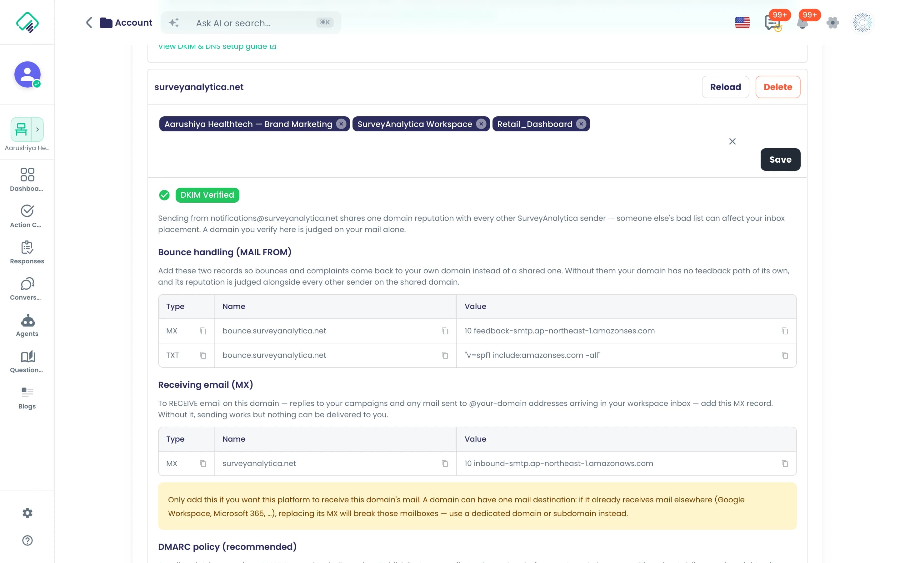 एक सत्यापित भेजने वाला डोमेन: “DKIM Verified”, “Aarushiya Healthtech — Brand Marketing” वर्कस्पेस और दो अन्य को सौंपा गया, साथ में बाउंस संभालने (“MAIL FROM”) और ईमेल पाने (“MX”) के डीएनएस रिकॉर्ड
