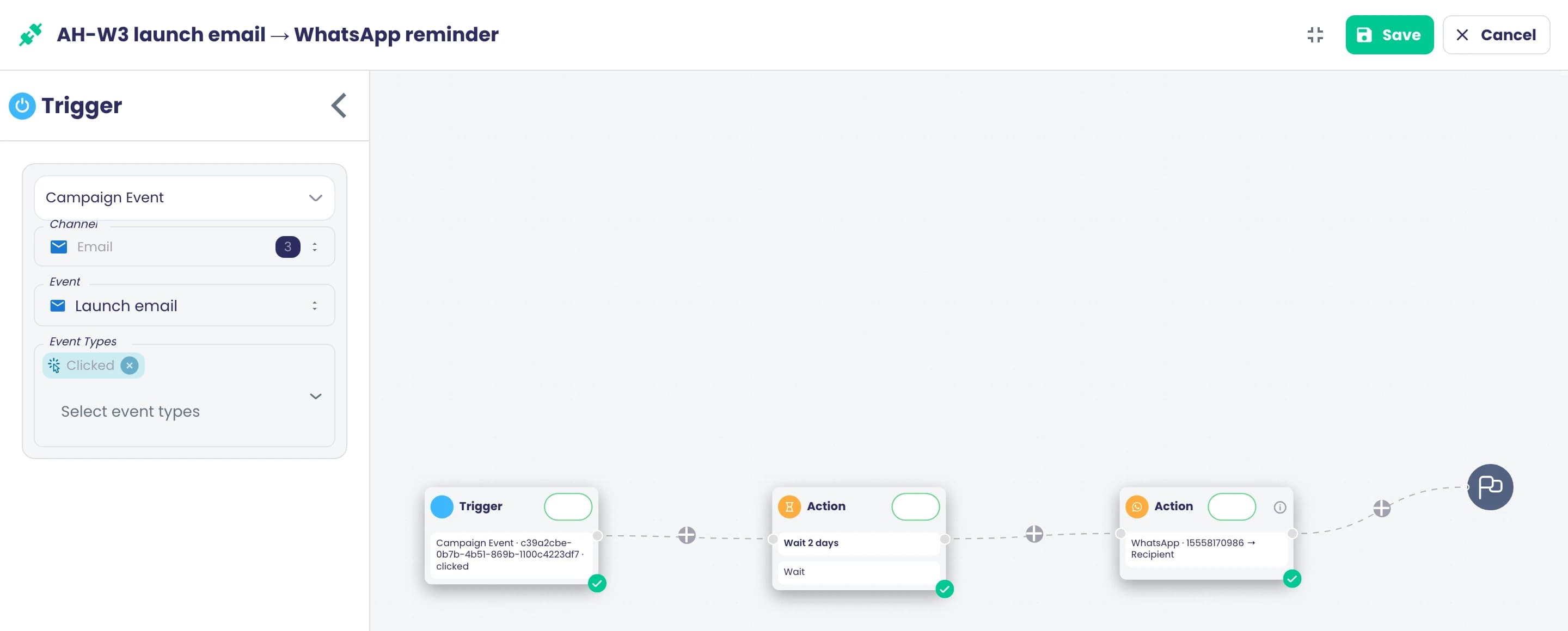 A flow that sends a WhatsApp reminder when the launch email is clicked