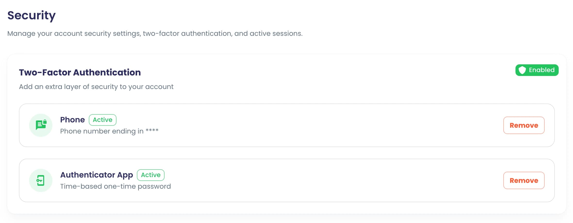 Zwei-Faktor-Authentifizierung mit Telefon und Authenticator-App aktiviert, beide einzeln entfernbar