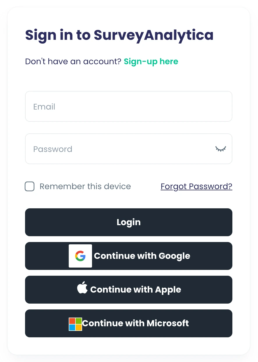 Anmeldung bei SurveyAnalytica mit E-Mail und Passwort, Gerät merken, oder mit Google, Apple und Microsoft
