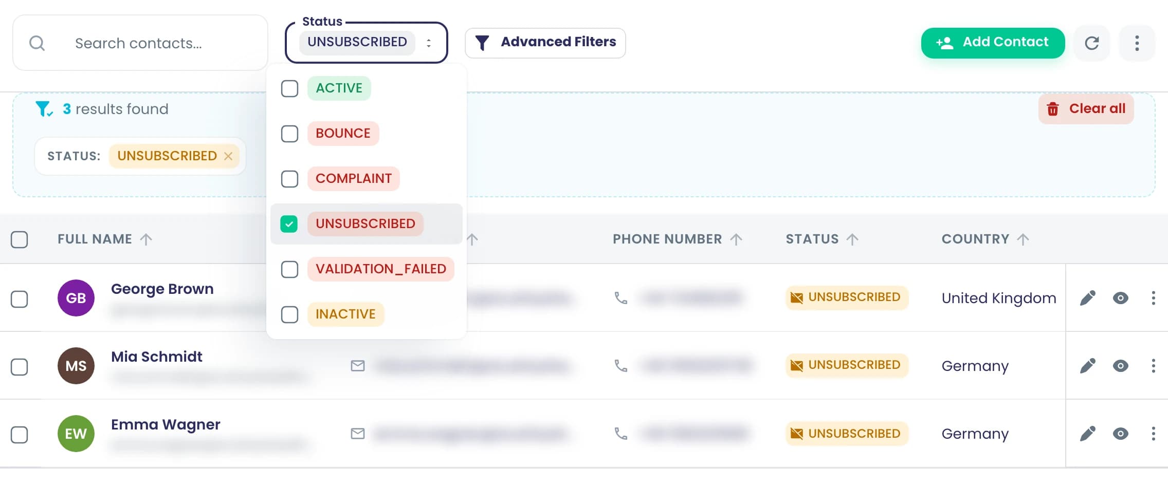 A contact list filtered to unsubscribed contacts, with the status menu showing every consent and delivery state a contact can have