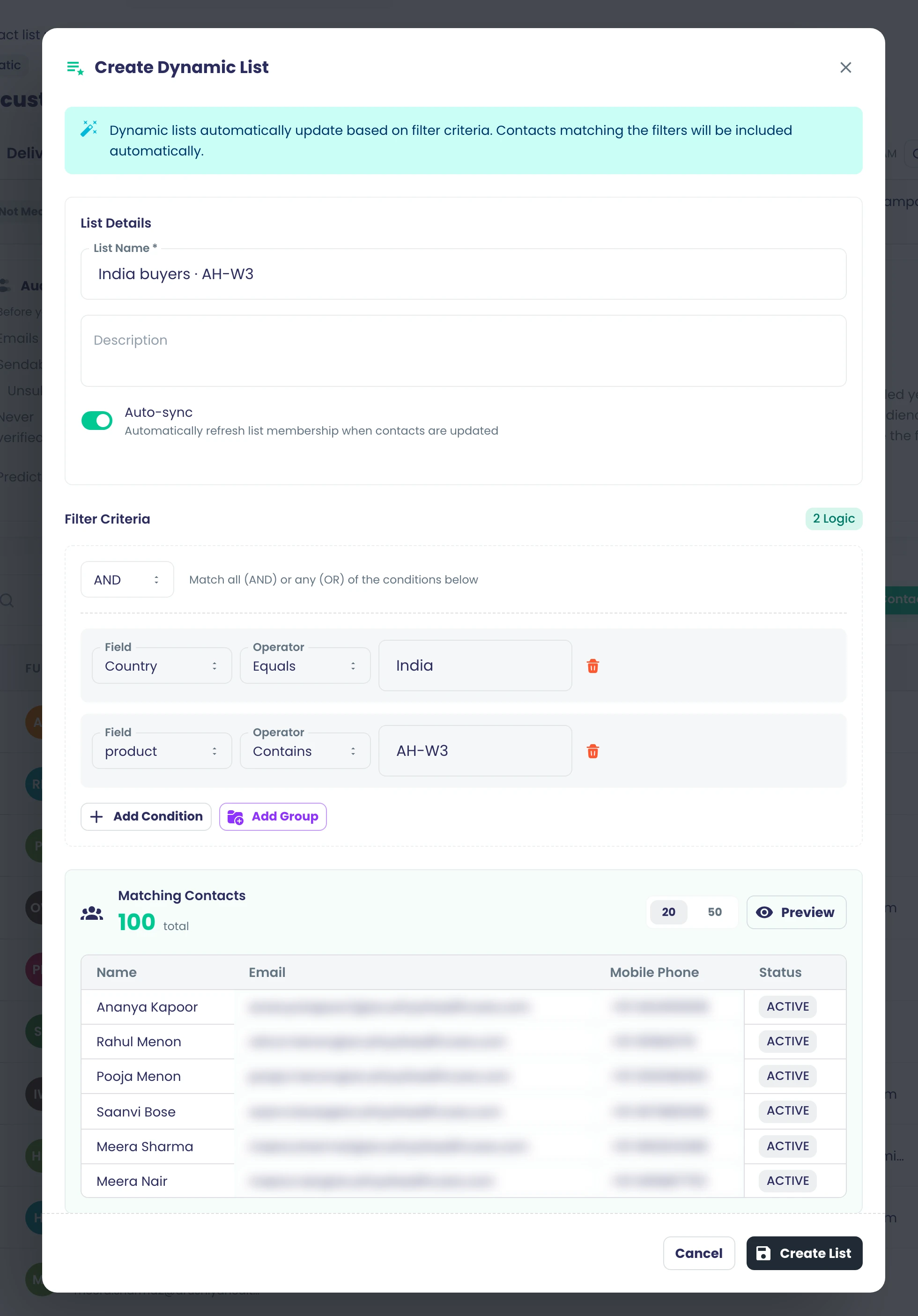 A dynamic list built from rules (Country is India AND product contains AH-W3) with a live preview of the 100 matching contacts