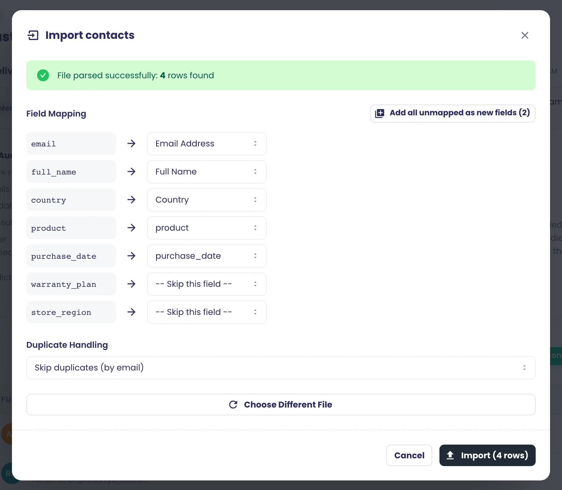 Importing contacts from a CSV: four rows parsed, each column mapped to a contact field or skipped, and duplicates skipped by email