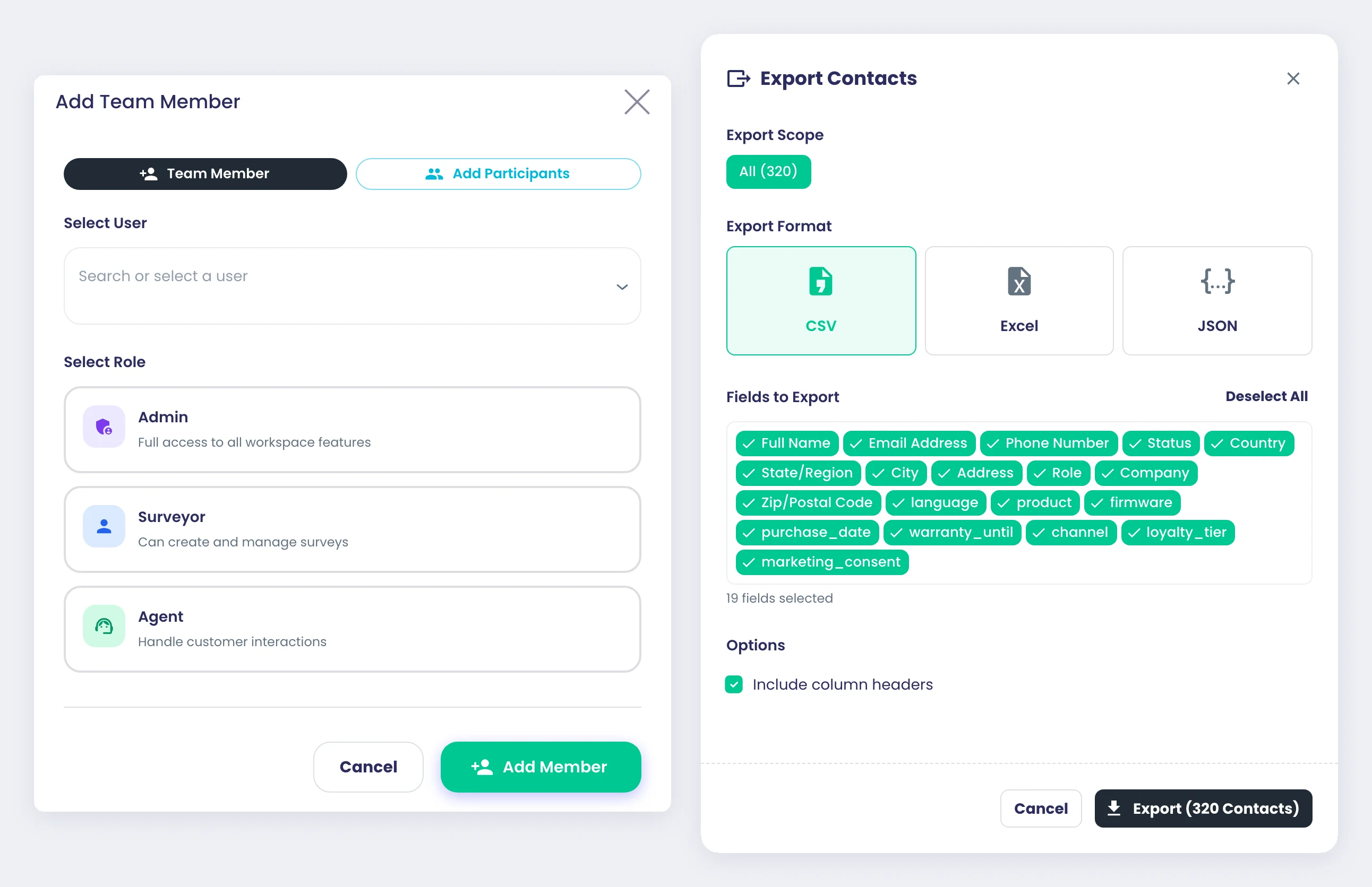 Two moments in a workspace: adding a team member means picking a role (Admin, Surveyor or Agent), and a Surveyor opening the 'AH customers · all markets' contact list can export all 320 contacts as CSV, Excel or JSON, choosing the fields