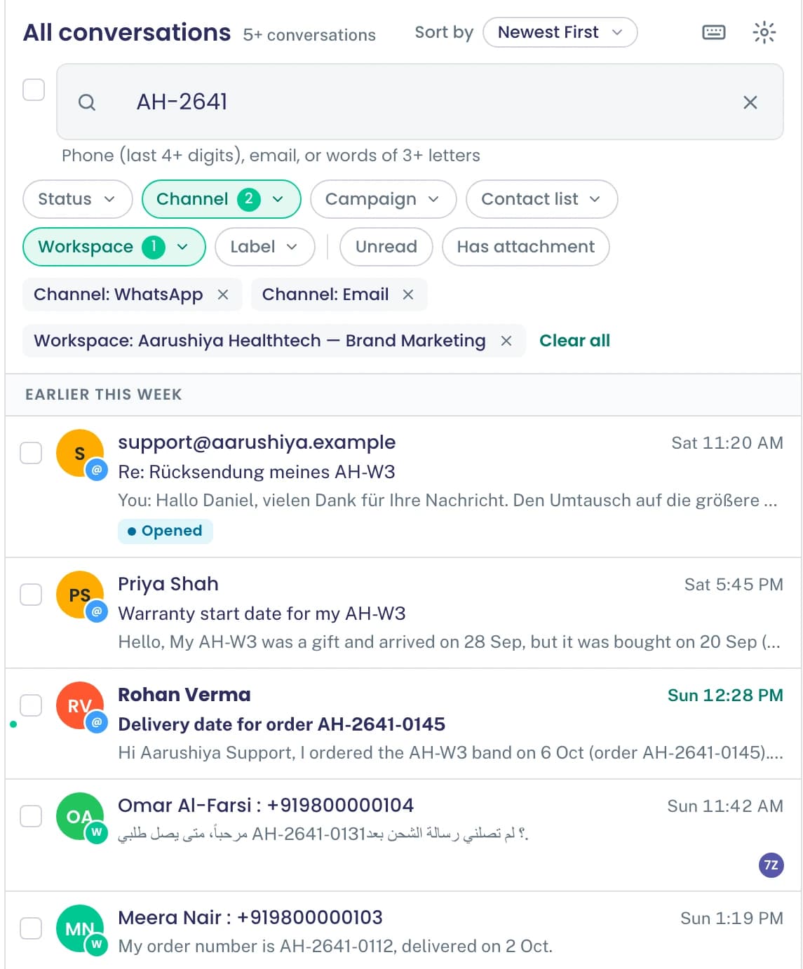 Suche nach Bestellung AH-2641 in WhatsApp und E-Mail im Aarushiya-Arbeitsbereich, mit Filtern für Status, Kanal, Kampagne, Kontaktliste, Kennzeichnung, ungelesen und Anhang