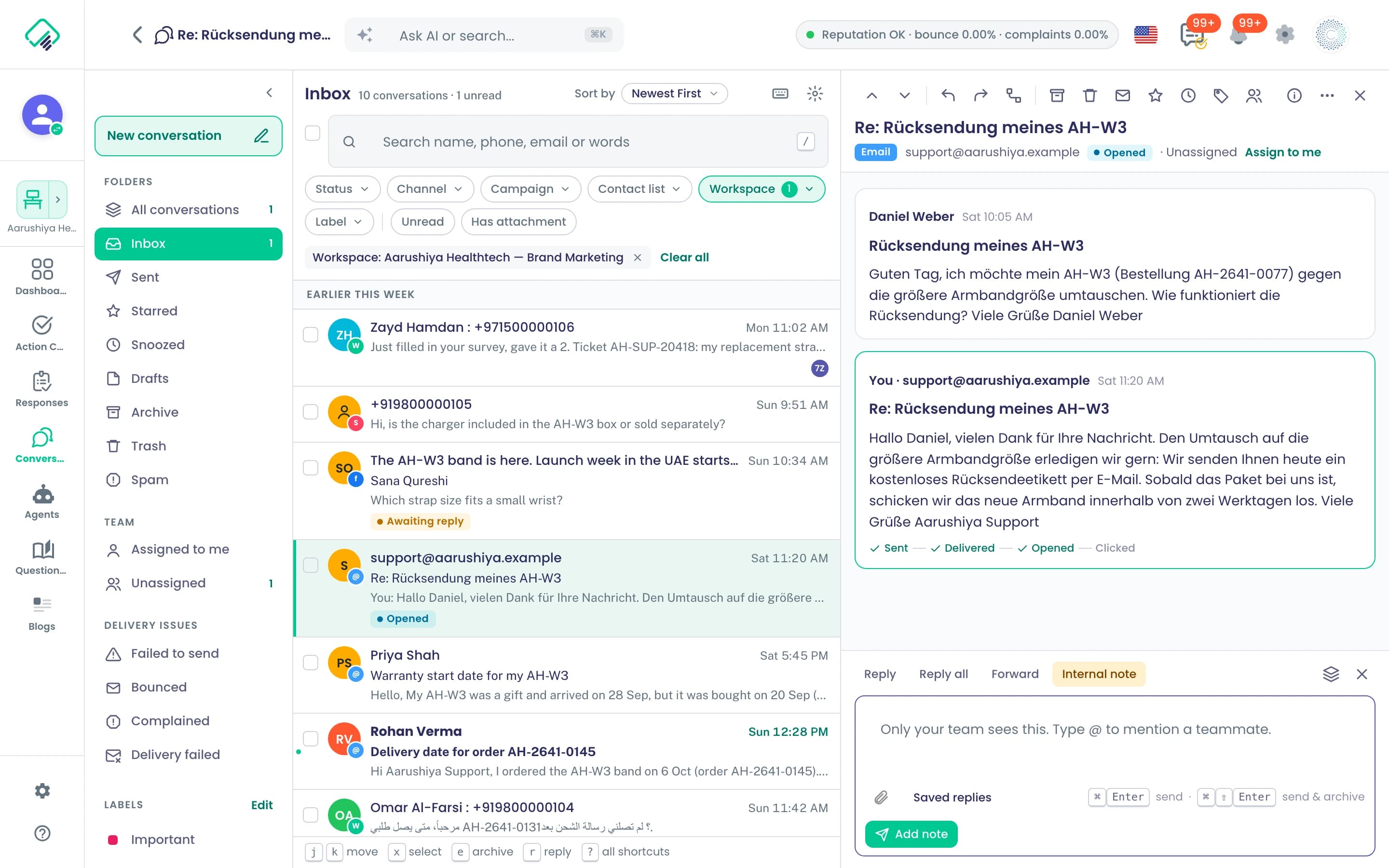 Die Konversationszentrale von Aarushiya: Ordner, ein gefilterter Posteingang mit WhatsApp-, SMS- und E-Mail-Verläufen, ein geöffneter deutscher E-Mail-Verlauf mit der Antwort des Teams und dem Zustellverlauf sowie der Editor, bereit für eine interne Notiz
