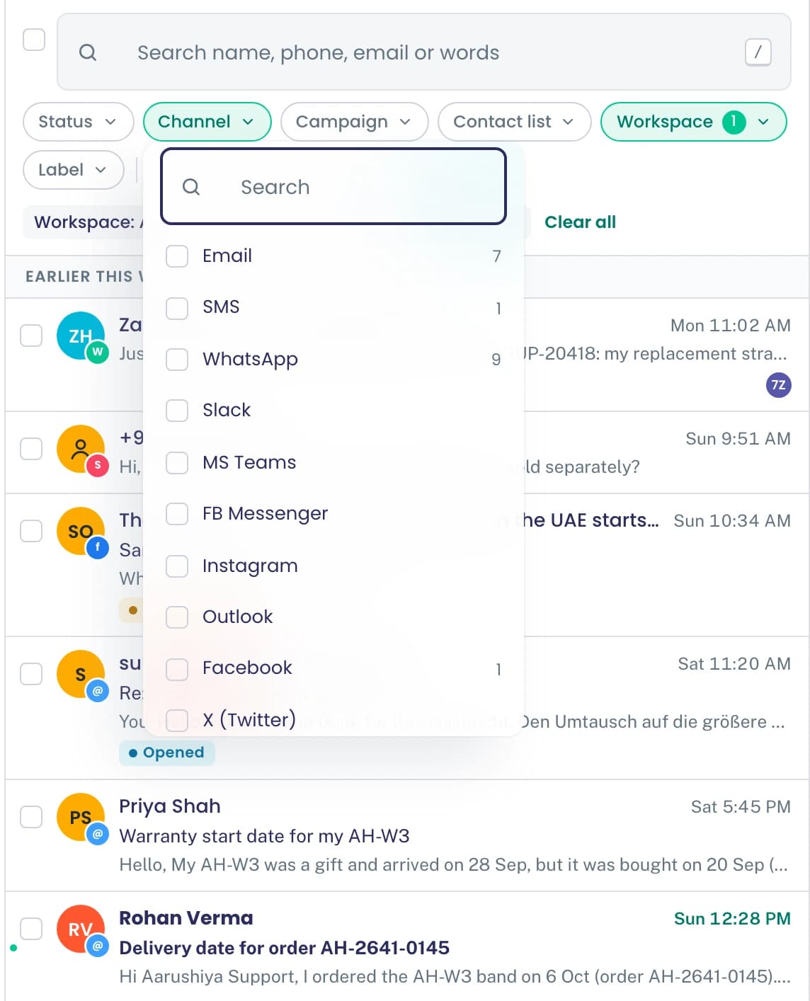 Posteingang nach Kanal filtern: E-Mail 7, SMS 1, WhatsApp 9 und Facebook 1, dazu Slack, Teams, Messenger, Instagram, Outlook und X verfügbar