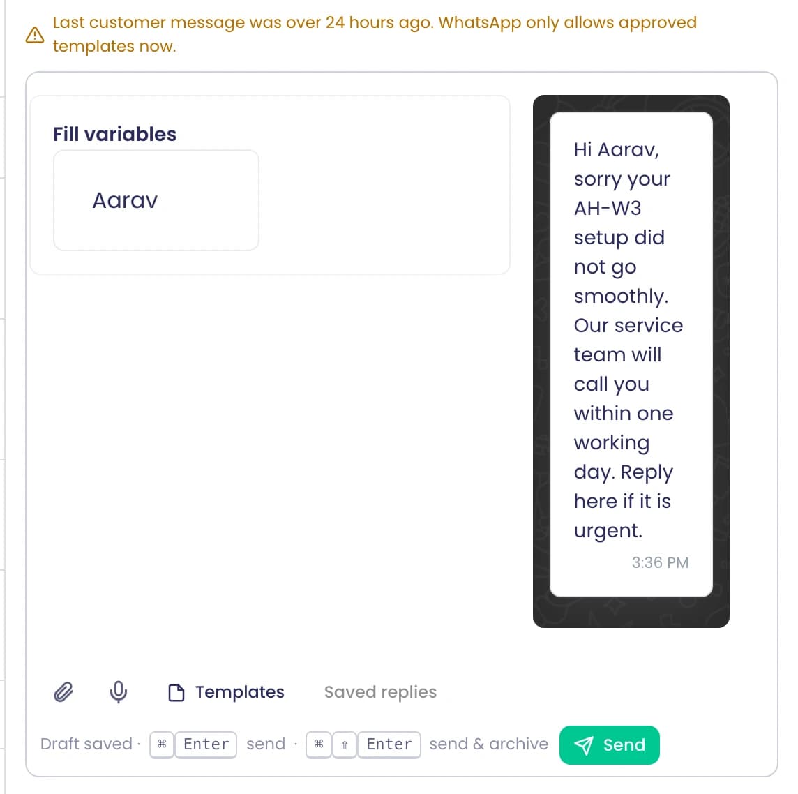 Antwort mit einer freigegebenen WhatsApp-Vorlage: der Name des Kunden in die Variable eingesetzt und die Nachricht vor dem Senden in der Telefonvorschau angezeigt