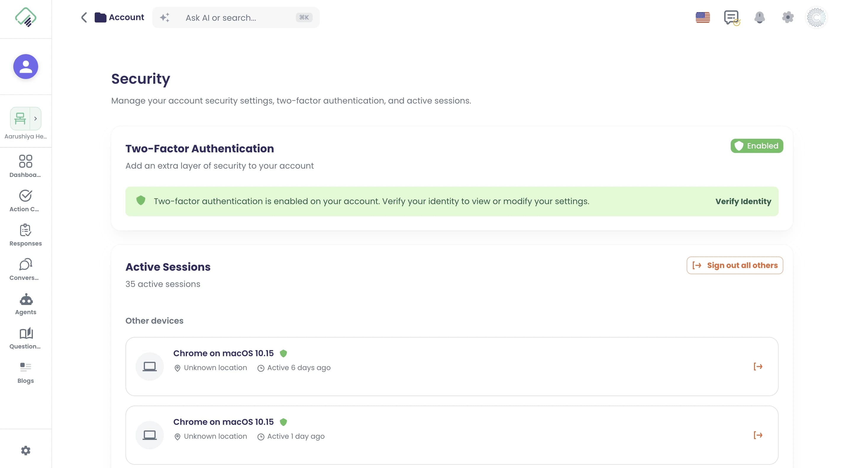 Sicurezza dell'account: autenticazione a due fattori attivata e sessioni attive, con disconnessione per ciascuna e disconnessione di tutte le altre