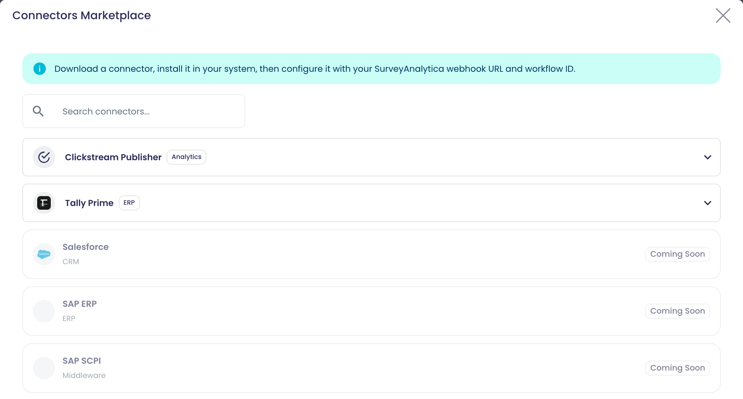 Connectors Marketplace in the flow designer: download the Clickstream Publisher or Tally Prime connector and configure it with the workspace webhook URL and workflow ID; Salesforce, SAP ERP and SAP SCPI listed as coming soon