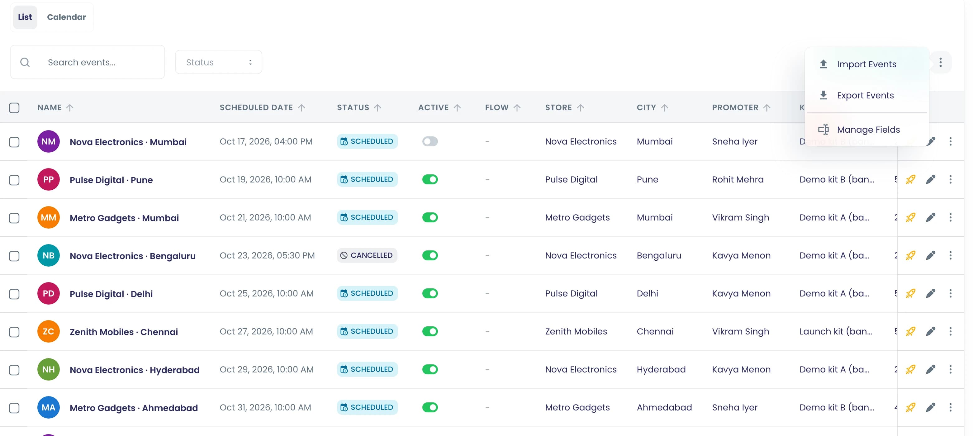 Planner events with import, export and Manage Fields from the table menu