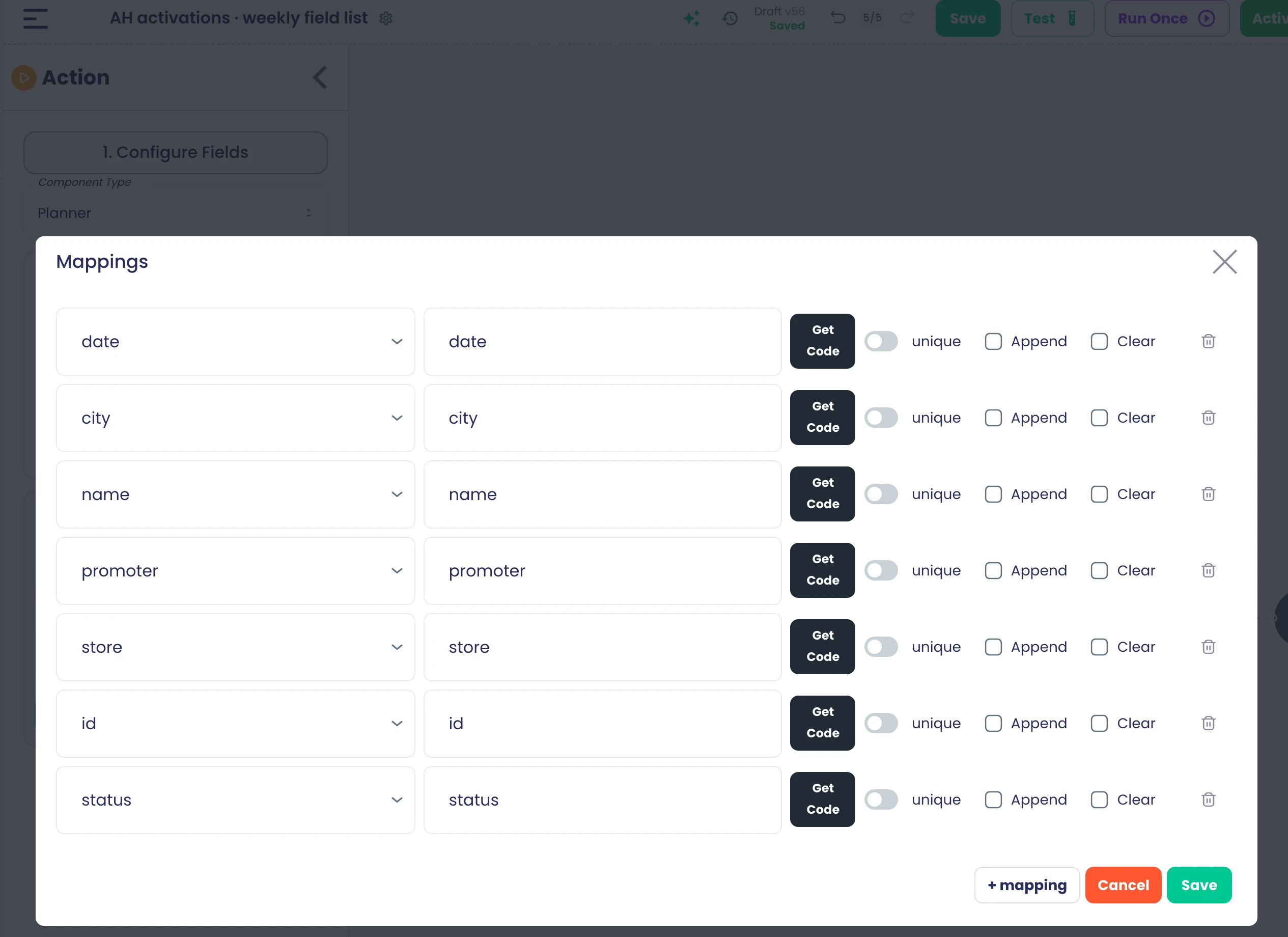 A flow's Planner step maps each event field, date, city, store and promoter, from the incoming data