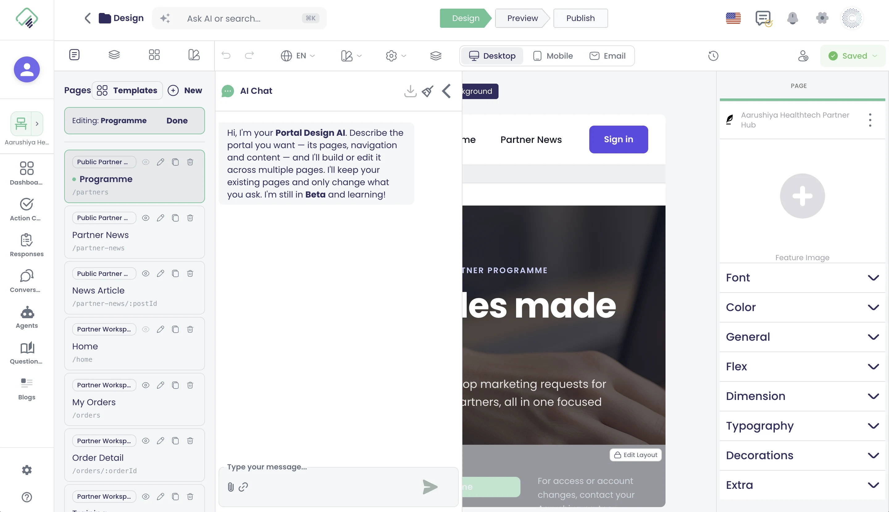 Portal designer: pages list, AI chat, canvas with the hero