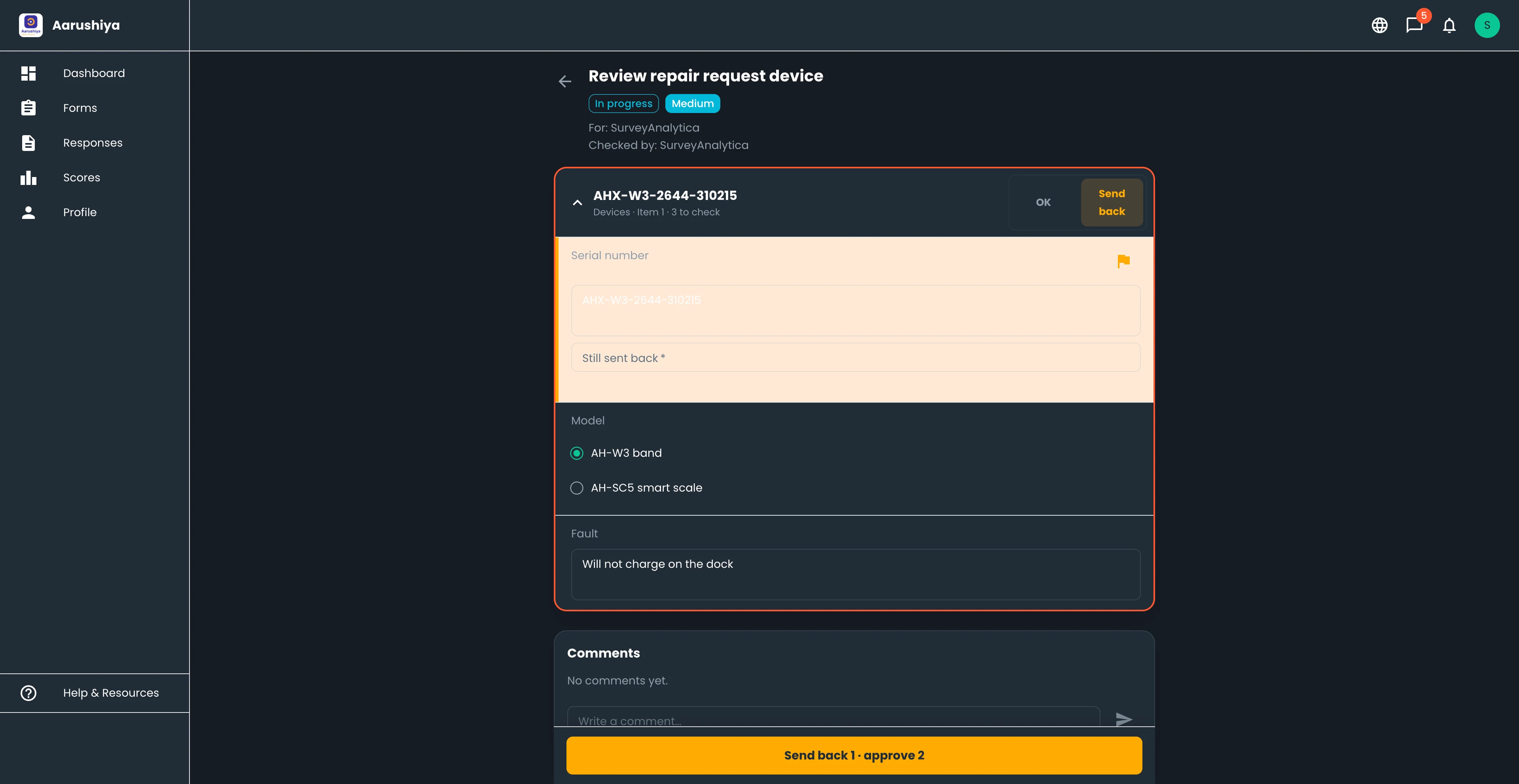 Review task in the partner portal: a repair request's device fields with the serial number flagged to send back, and a decision bar that sends back one item and approves two