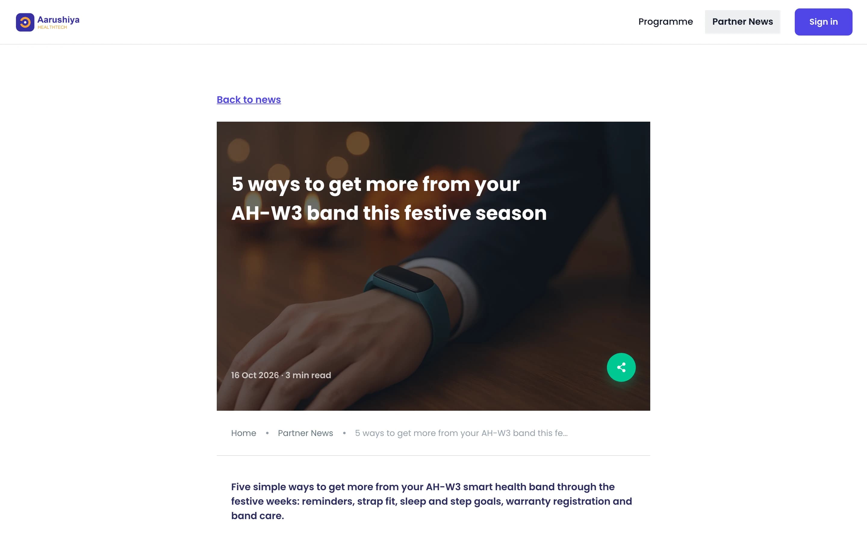 A published Aarushiya post on the portal's own domain: cover hero, date and reading time, breadcrumbs and a share button