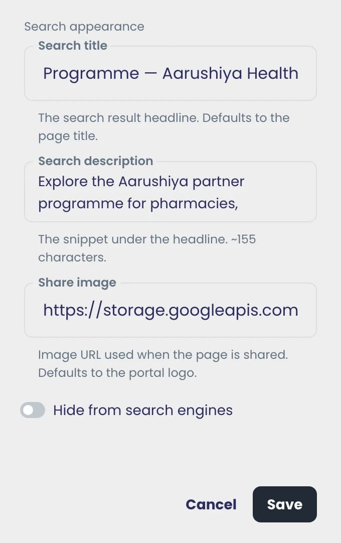 A portal page's Search appearance settings, with a search title, a search description, a share image URL that defaults to the portal logo, a 'Hide from search engines' toggle, and Cancel and Save buttons.