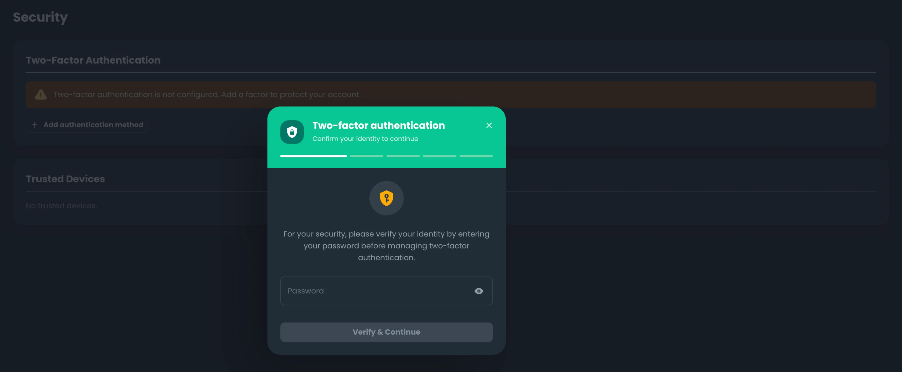Portal Security page: two-factor authentication not yet configured, and the setup wizard opening with an identity check before a factor is added