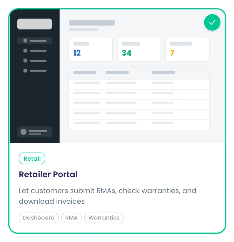 Retailer Portal template card: let customers submit RMAs, check warranties and download invoices