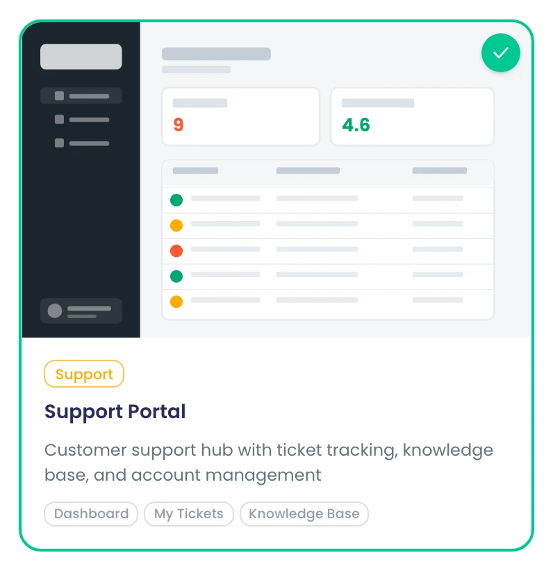Support Portal template card: ticket tracking, knowledge base and account management