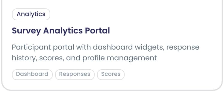 A starter template card labelled Analytics for the 'Survey Analytics Portal', described as a participant portal with dashboard widgets, response history, scores and profile management, with Dashboard, Responses and Scores page chips.
