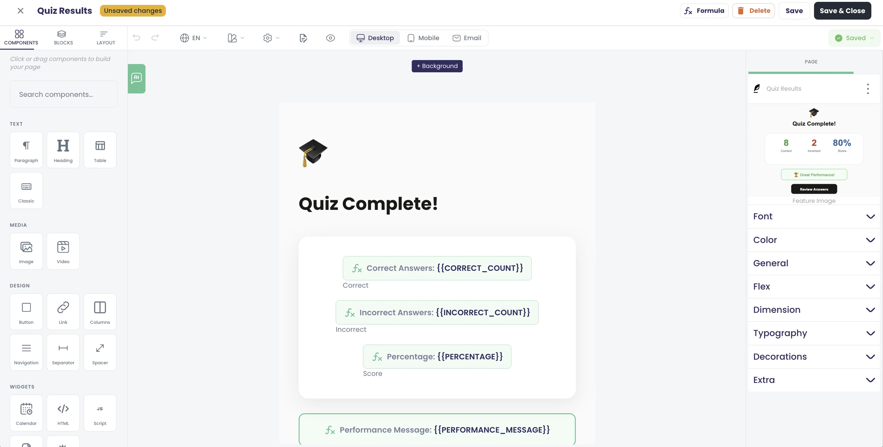 Editor für Abschlussseiten: die Dankesvorlage „Quiz Results“ mit Formelfeldern für richtige Antworten, falsche Antworten, Ergebnis und eine Leistungsmeldung, daneben die Live-Vorschau