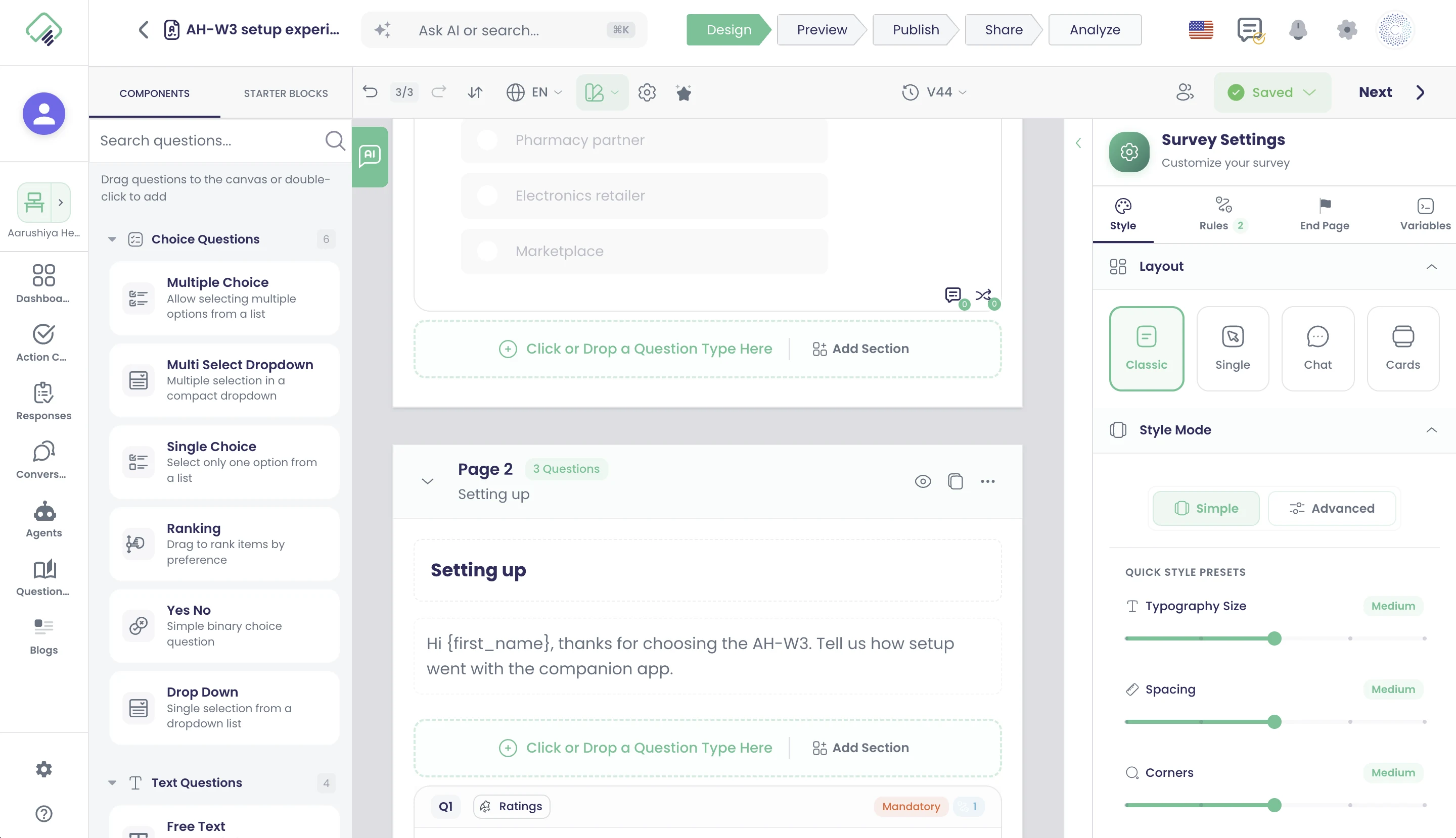Layout-Umschalter: Vorschauen „Classic“ / „Single“ / „Chat“ / „Cards“