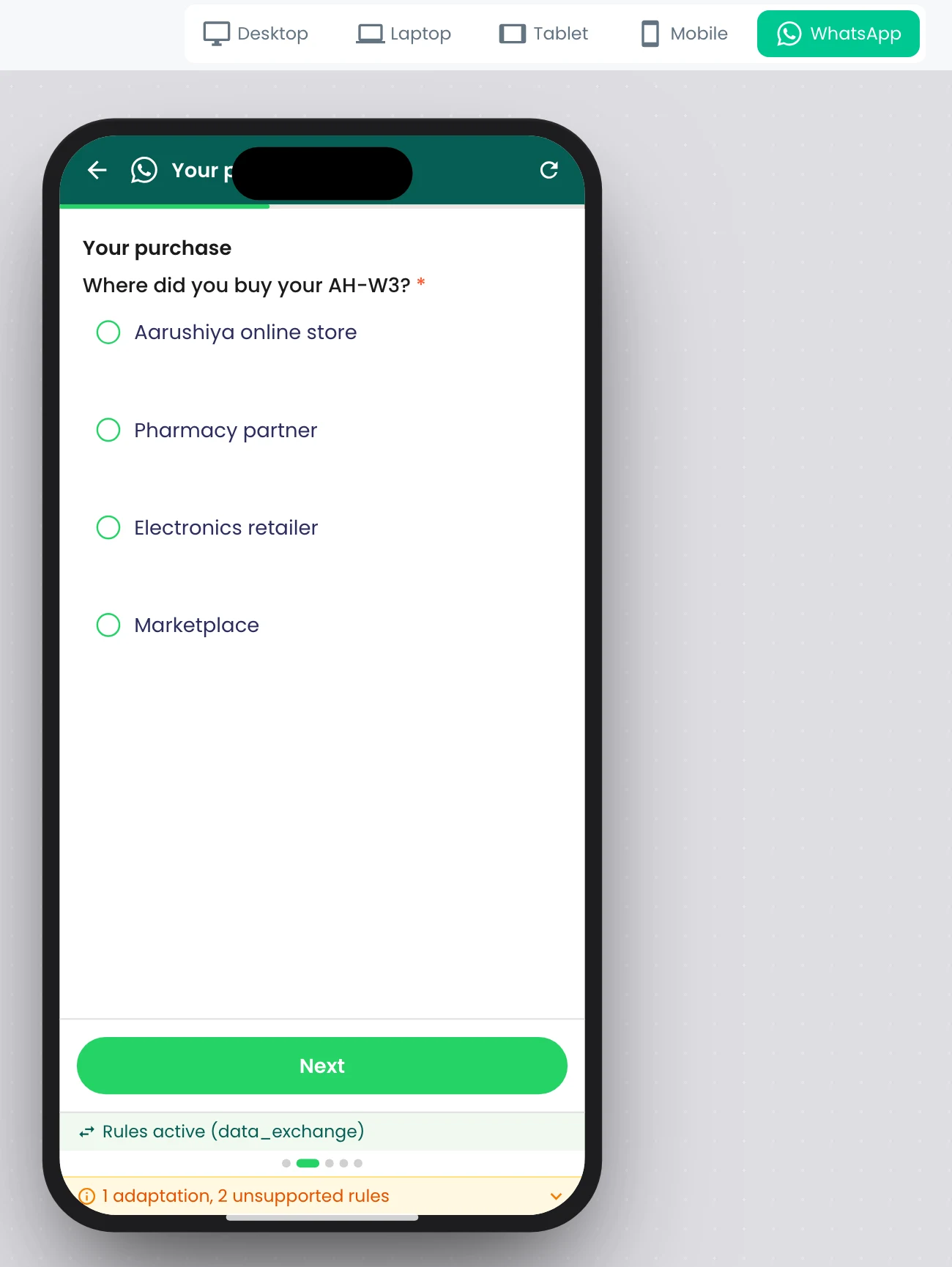 Vorschau-Schritt mit „WhatsApp“ in der Auswahl „Desktop“, „Laptop“, „Tablet“, „Mobile“ und „WhatsApp“: die Frage „Where did you buy your AH-W3?“ der Einrichtungsumfrage im WhatsApp-Rahmen
