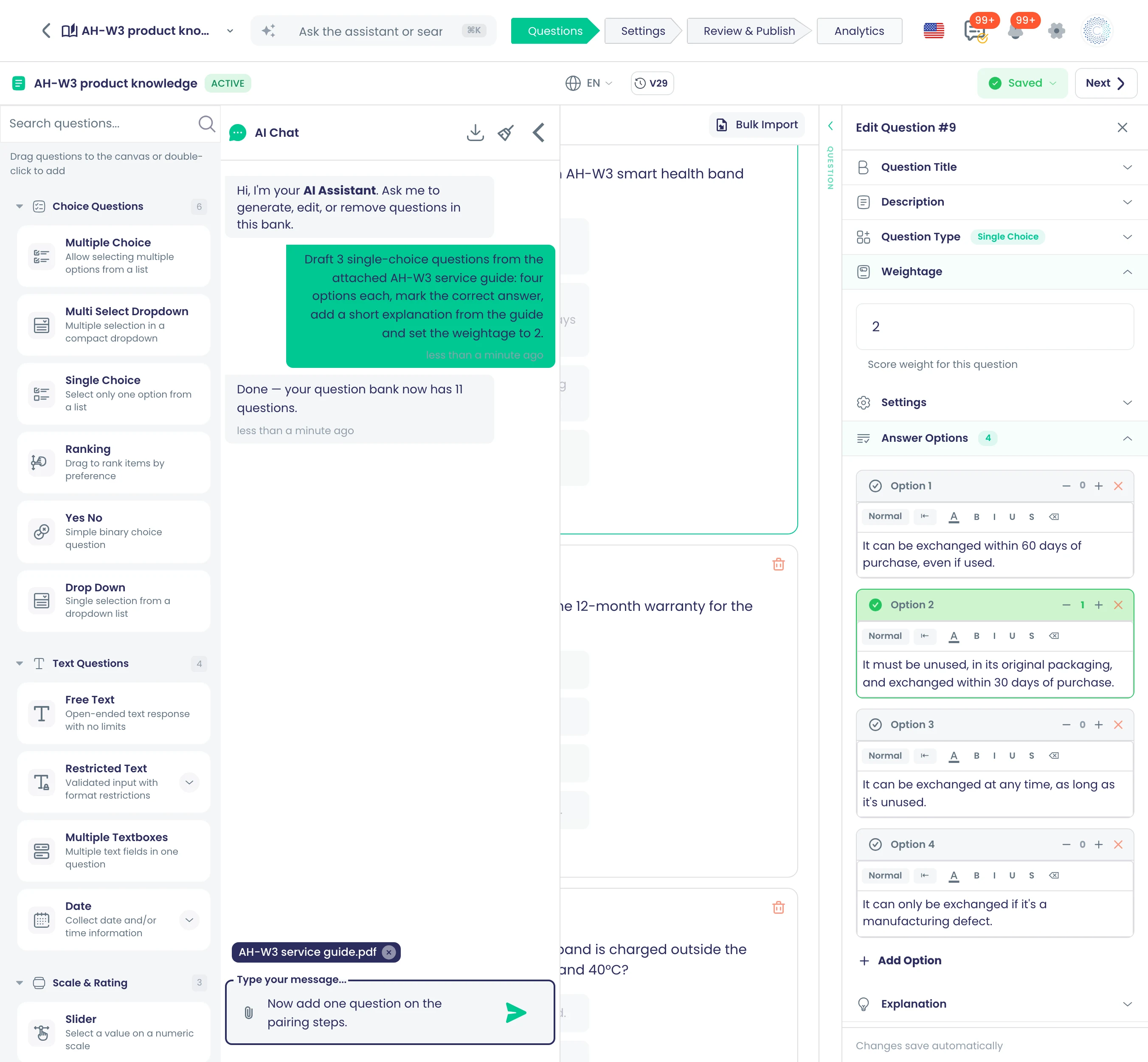 AI Chat der Fragenbank mit angehängter PDF der AH-W3-Serviceanleitung: Der Assistent hat aus der Anleitung drei Single-Choice-Fragen in die Bank geschrieben, und der Frageneditor zeigt eine davon mit Gewichtung 2 und markierter richtiger Antwort.