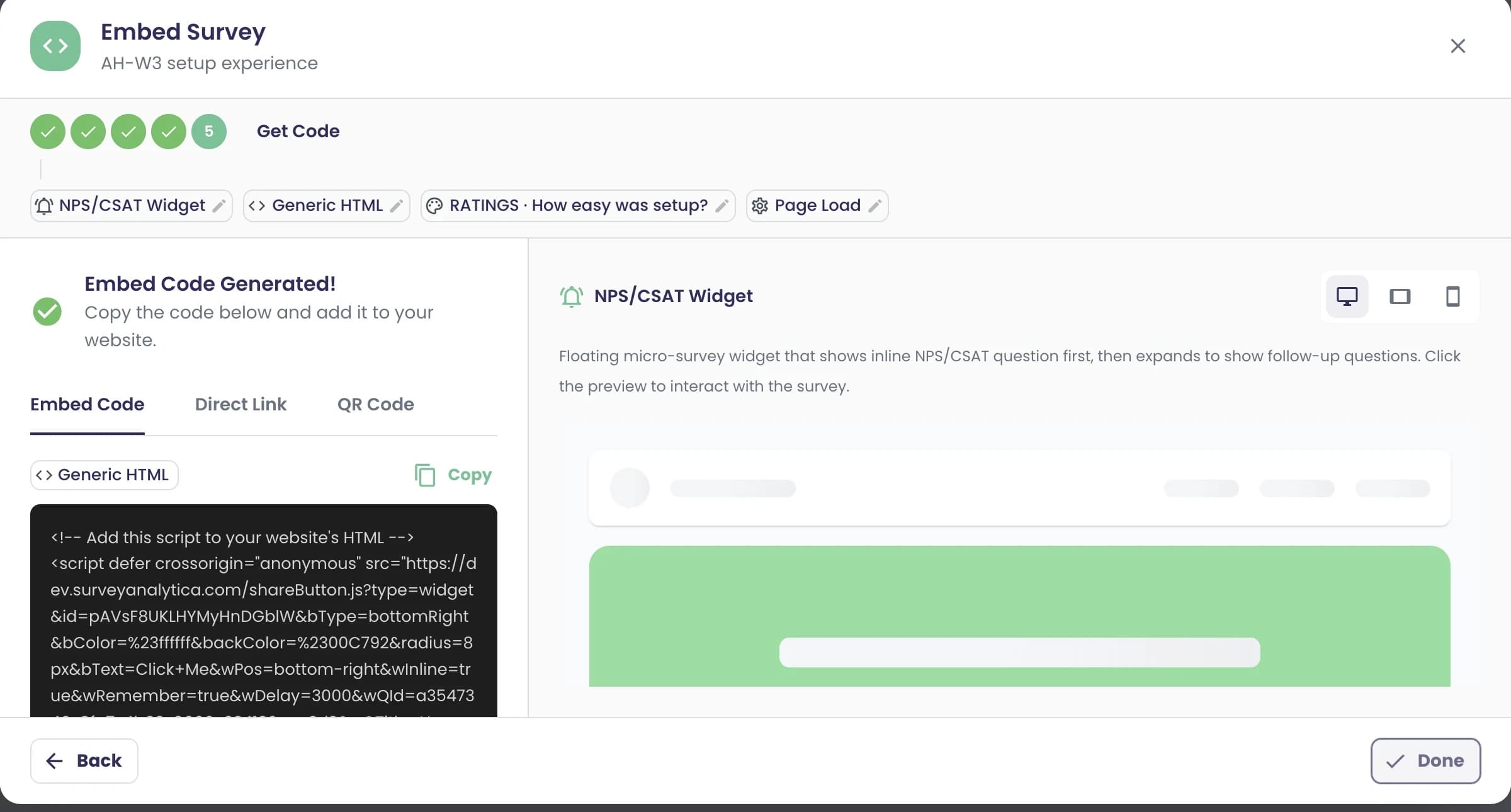 Website-Einbettung, letzter Schritt: Einbettungscode für ein schwebendes NPS/CSAT-Widget, das sich beim Laden der Seite mit 'How easy was setup?' öffnet, mit Direktlink und QR als Alternativen