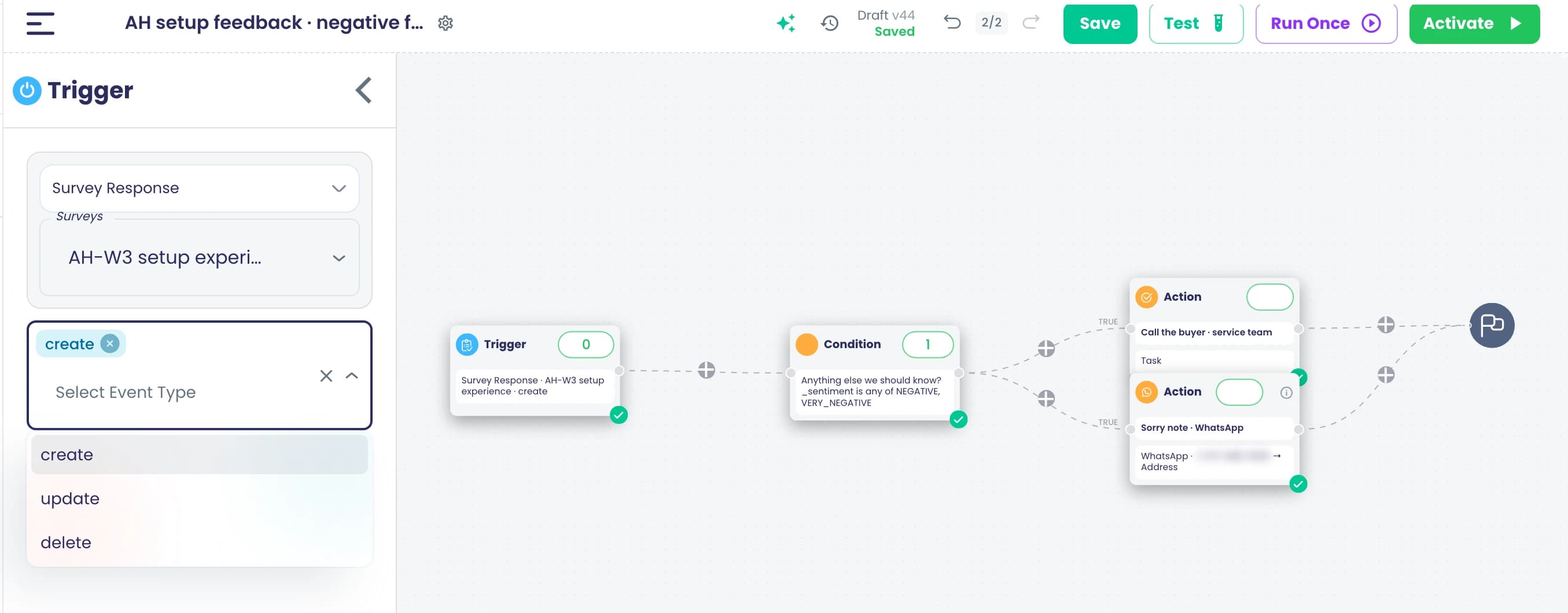 A flow on the AH-W3 setup survey: the Survey Response trigger, a condition that passes only negative or very negative comments, then a call-back task for the service team and a WhatsApp apology.