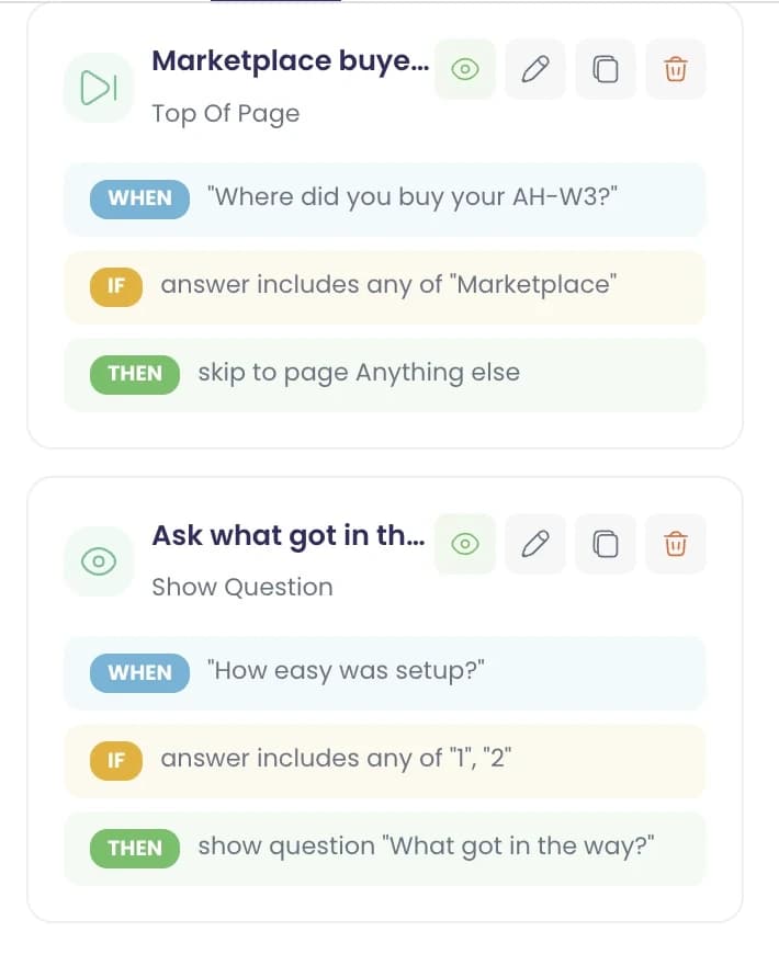 Eine Umfrageregel neben ihrem Ergebnis: Eine Einrichtungsbewertung von 1 oder 2 zeigt „What got in the way?“, und auf dem Smartphone erscheint die Frage nach einer Bewertung mit 2 Sternen