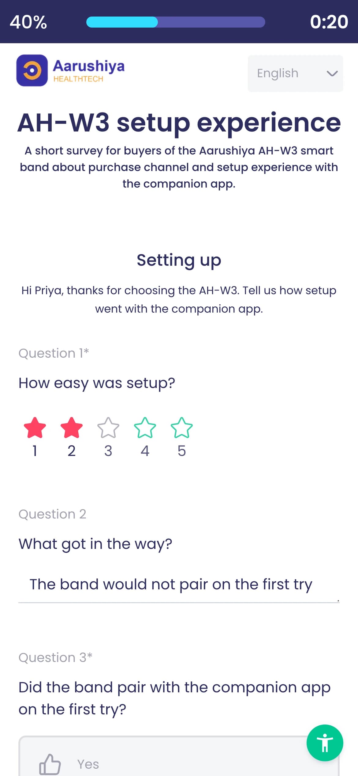 Eine Umfrageregel neben ihrem Ergebnis: Eine Einrichtungsbewertung von 1 oder 2 zeigt „What got in the way?“, und auf dem Smartphone erscheint die Frage nach einer Bewertung mit 2 Sternen