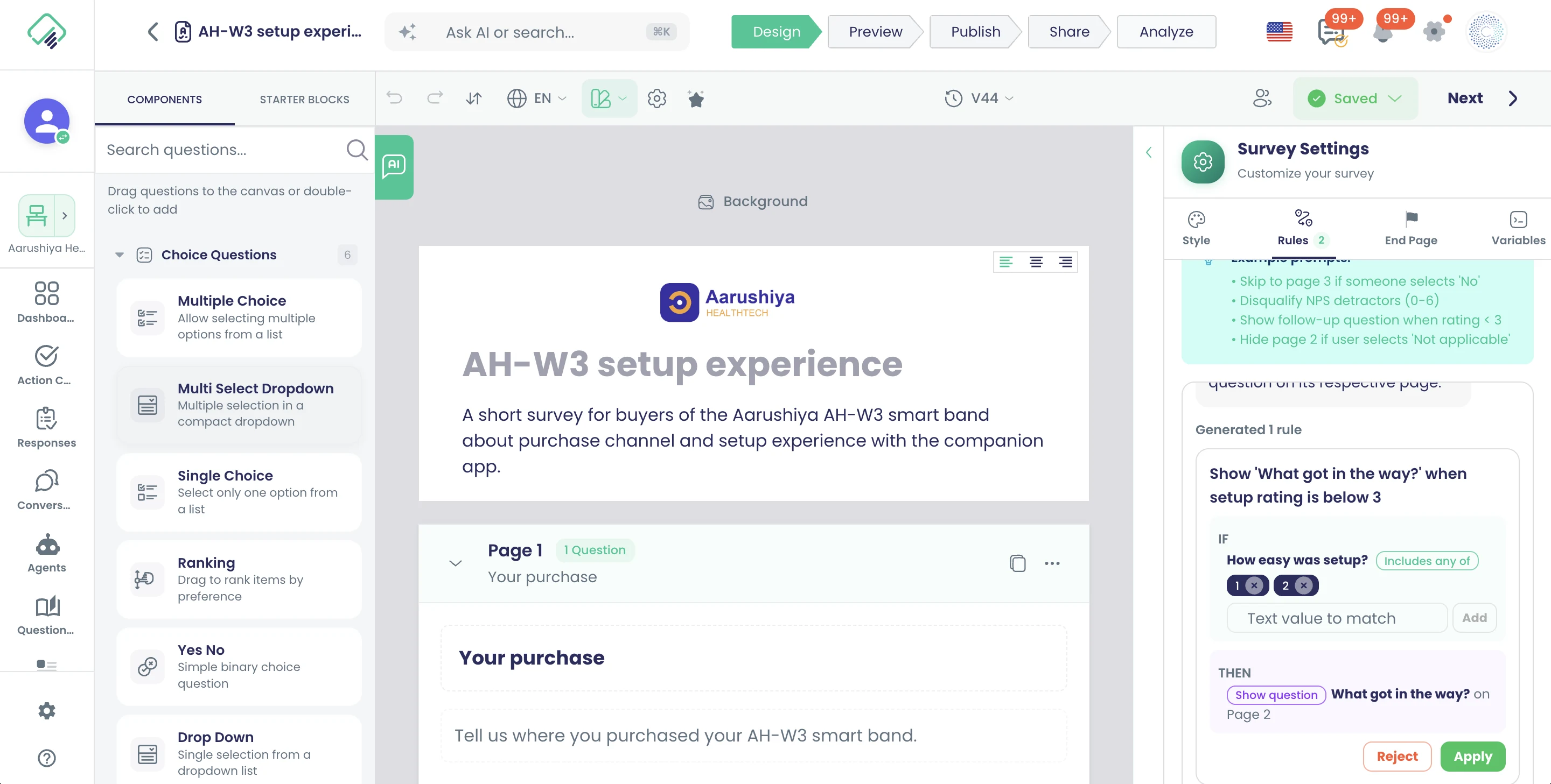 Tab „Rules“ mit dem KI-Regel-Editor: Aus der Anfrage 'Show a follow-up question when the setup rating is below 3' wurde eine Regel – WENN 'How easy was setup?' 1 oder 2 enthält, DANN zeige 'What got in the way?' auf Seite 2 –, bereit zum Übernehmen oder Verwerfen