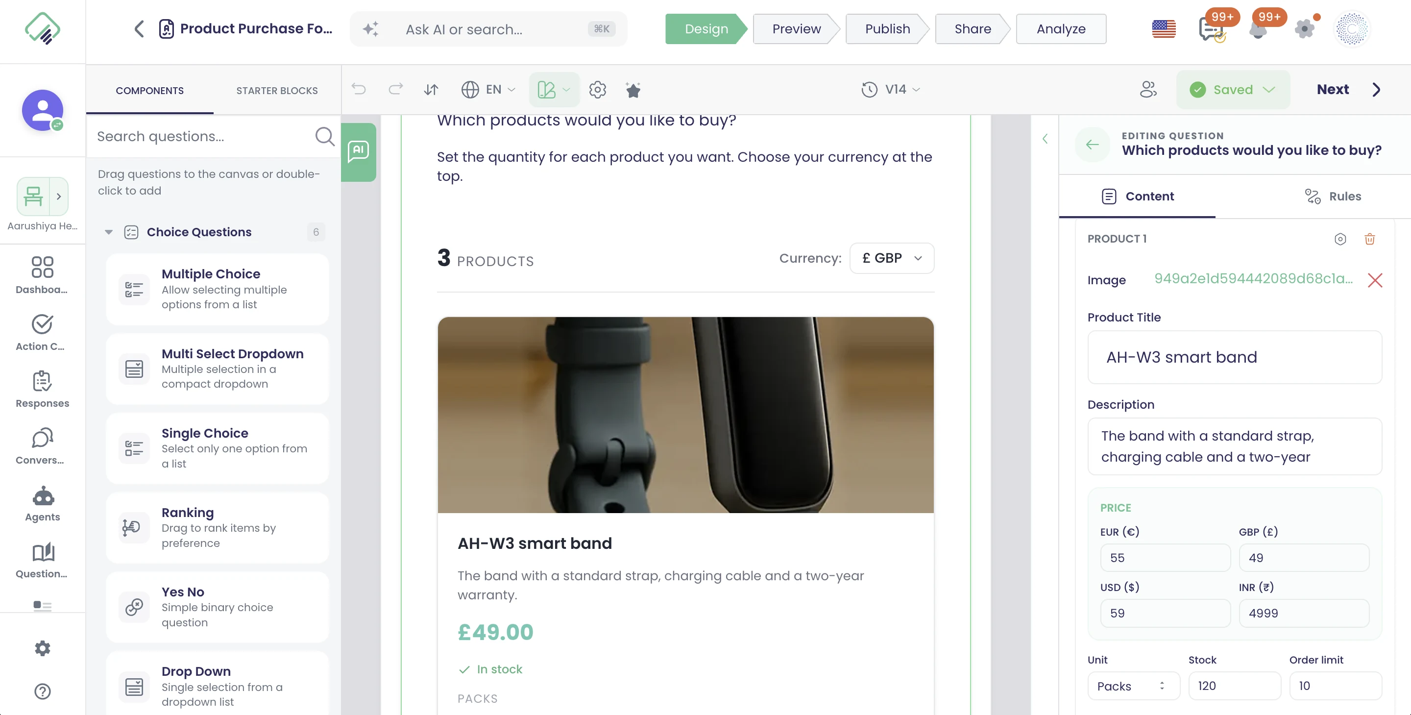 Einstellungen der „Product Cards“ im Editor: die Karte des Smartbands AH-W3 mit Preisen in EUR, GBP, USD und INR, einem Bestand von 120 und einem Limit von 10 pro Bestellung