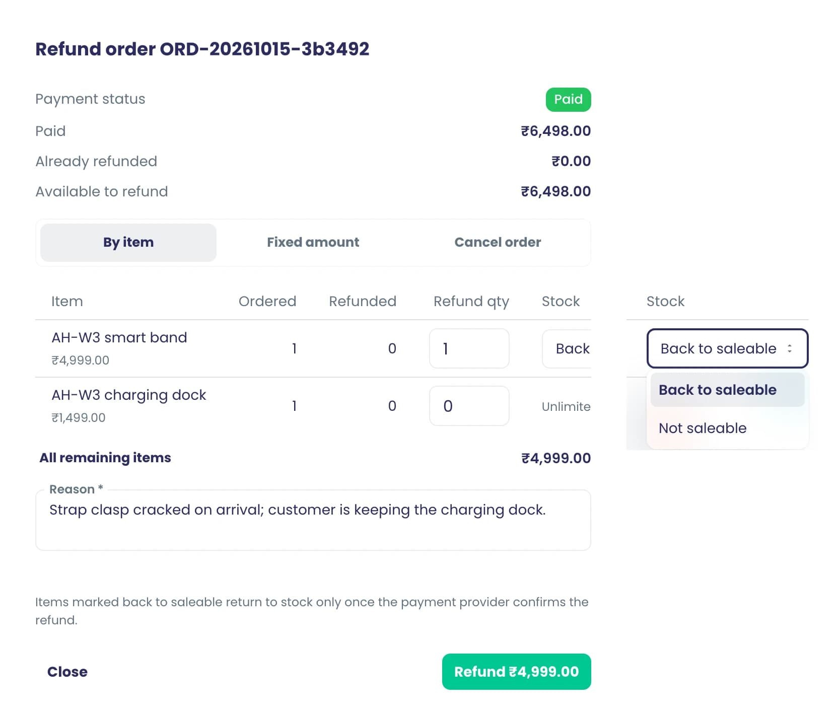 Refund dialog on a paid order: refund by item, a reason, and whether the returned item goes back to saleable stock