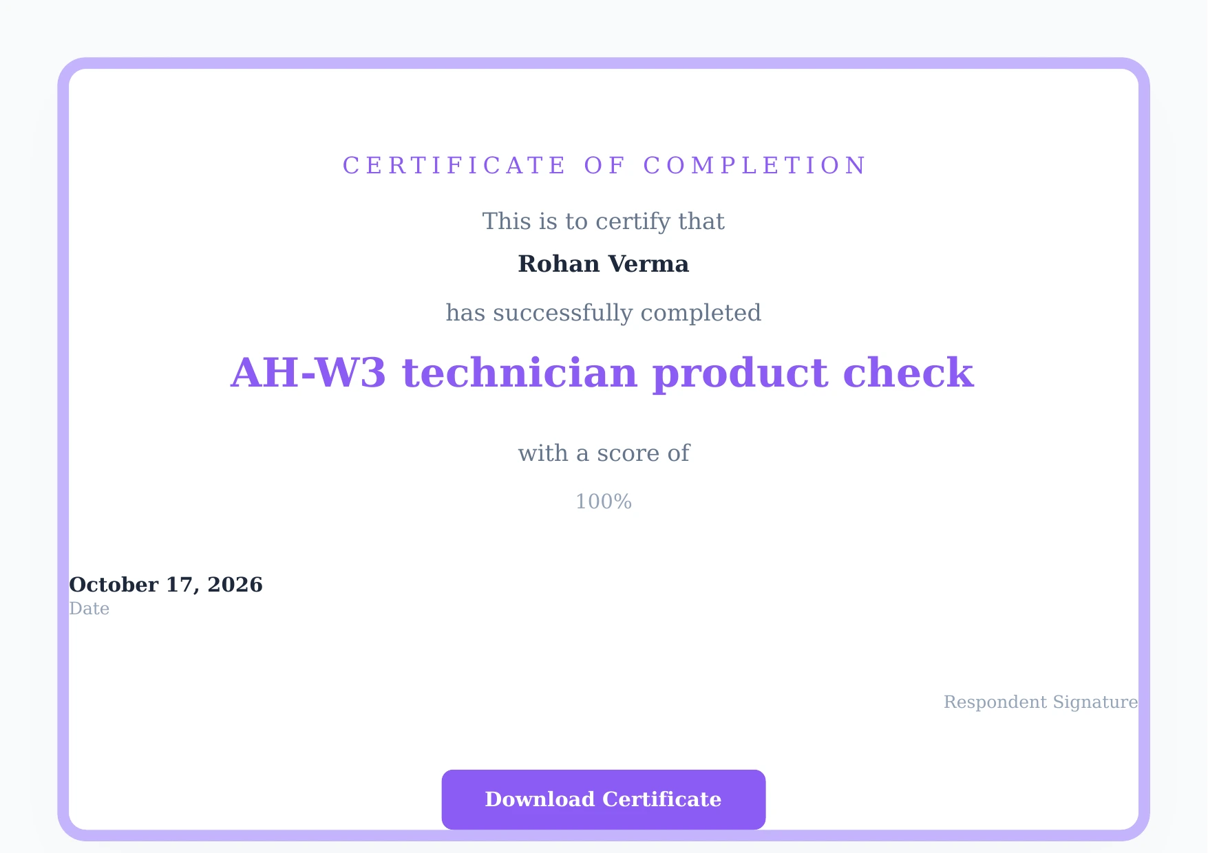 A certificate PDF generated for a learner who completed the AH-W3 technician product check